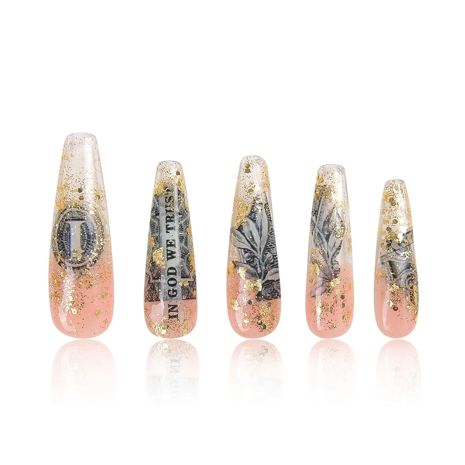 LOVFUL Press on Nails Dollar | Handmade with Full Covered Crystals | Reusable Fake Nails | Coffin Mid length 1.7 in | H98-M