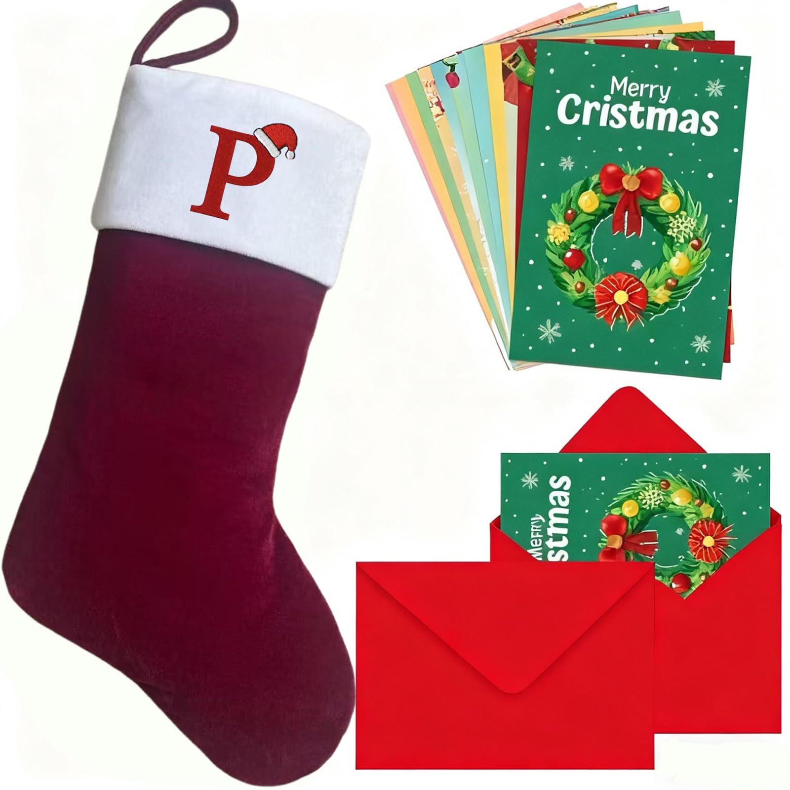 mememom Christmas Stockings with Initials,Personalized Letters Xmas Stocking for Kids, Large Super Soft Embroidered Monogram Christmas Stocking,Holiday Family Stocking Decoration (Wine Red Letter P) โ image 1