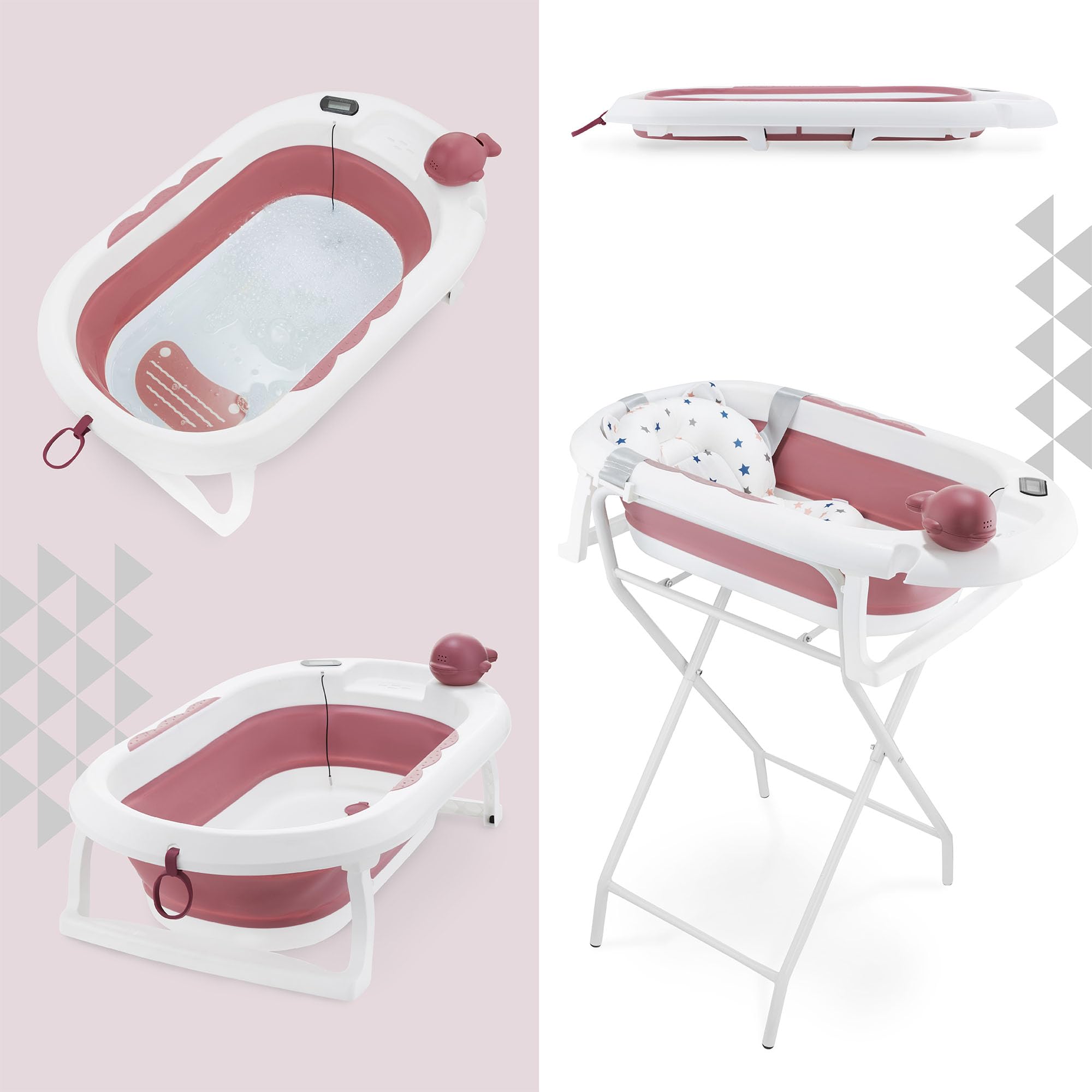 Moby-System Bañera Bebé Plegable con Termómetro LCD Incluye Inserto Soporte Alto y Bajo Vasito de Ballena – Compacta y Segura desde Recién Nacido – Rosa Empolvado