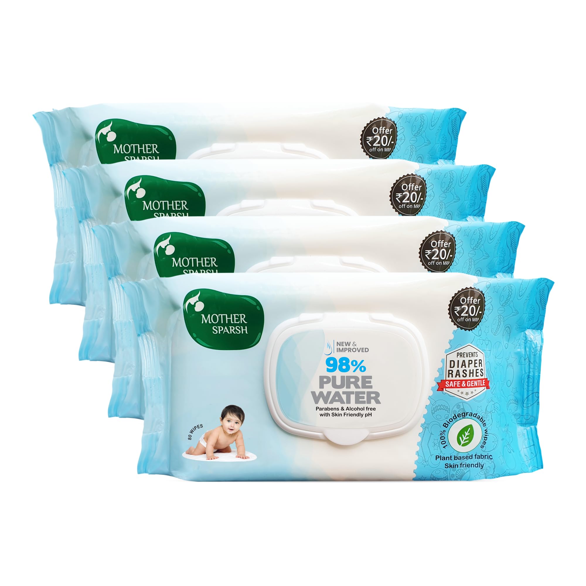 Mother Sparsh Plant Based Fabric Blue Baby Water Based Wipes (Pack of 4, 80 Pieces)-image-46