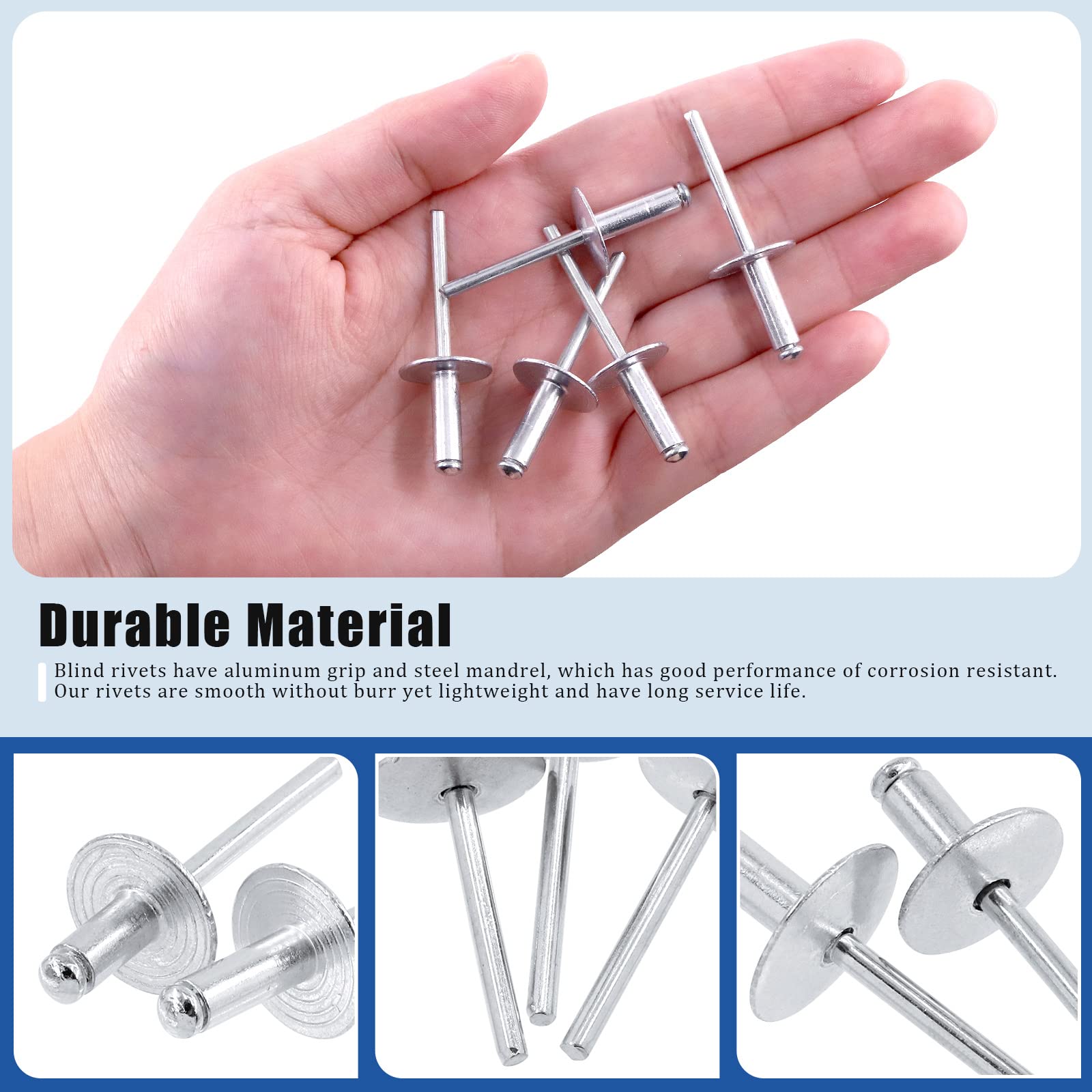Glarks 60Pcs 3/16" x 5/8" Large Flange Aluminum Blind Rivets Pop Rivets Set for Joining Metal Plate Pipe Automotive - Image 4