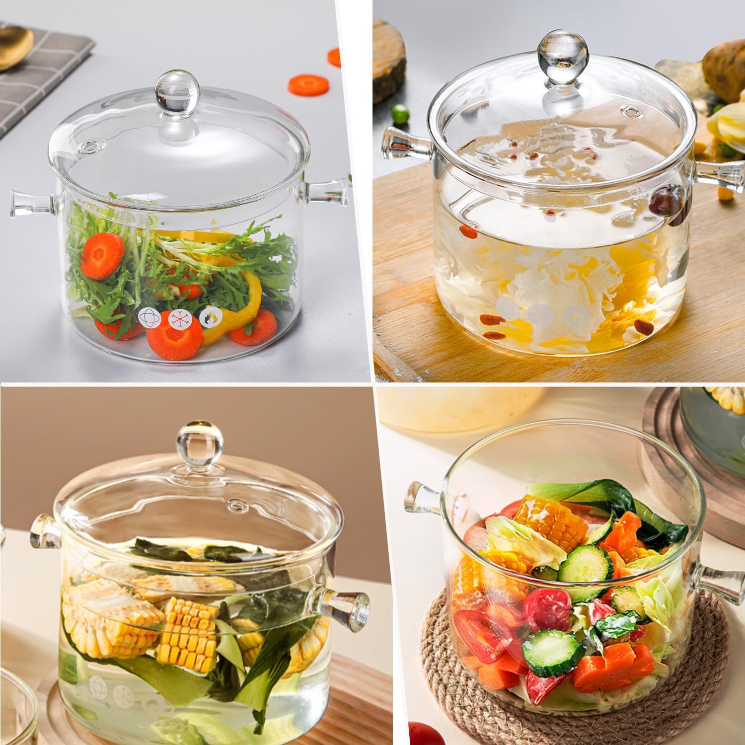 Glass Cooking Pots, 1.9L/64OZ Heat-Resistant Borosilicate Glass Saucepan with Cover, Cookware Set Stovetop Pot for Soup, Pasta,& Baby Food (64OZ)