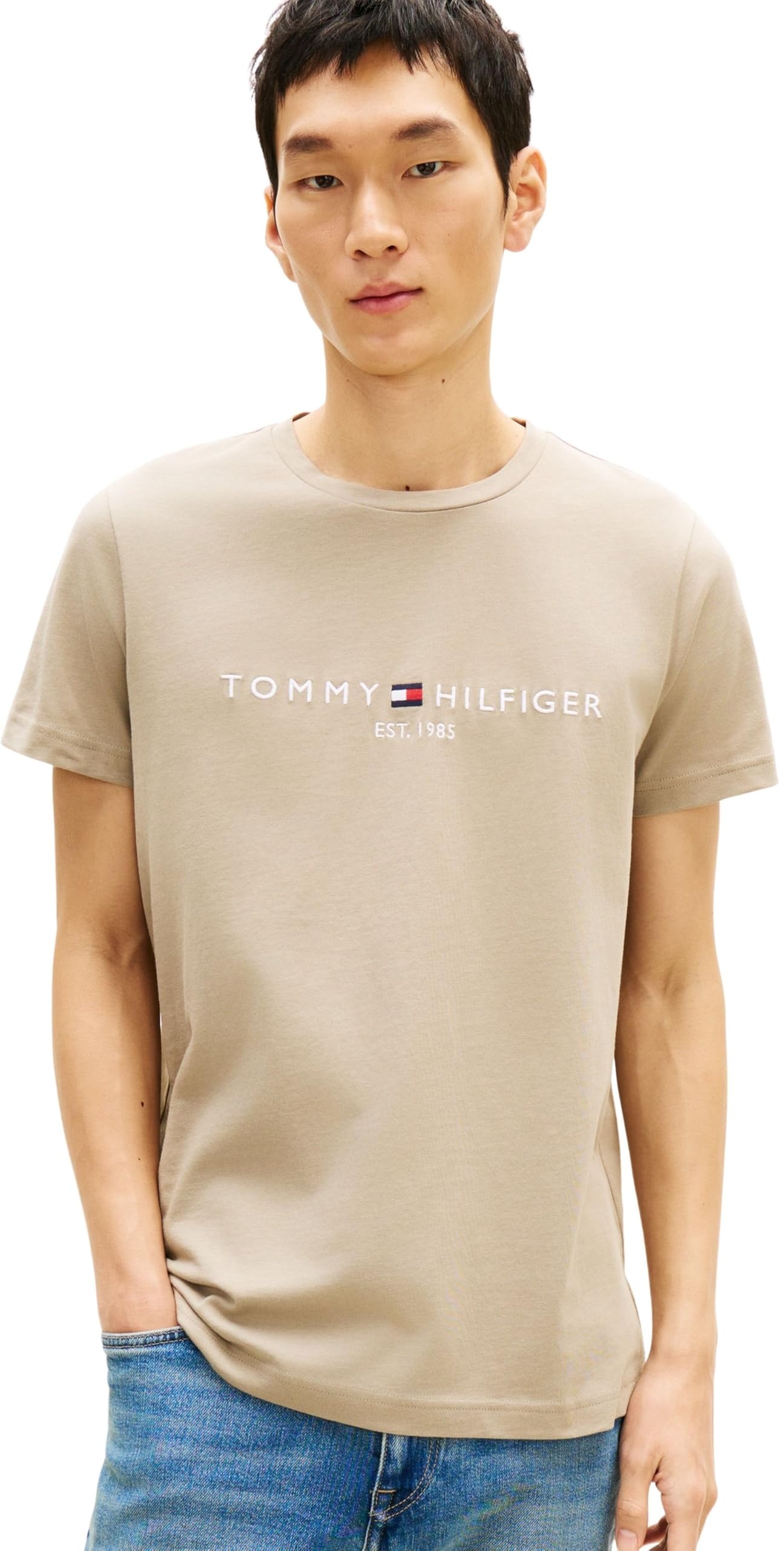 Tommy Hilfiger Men’s T-Shirt Short Sleeve Slim Fit, Beige (Keystone), XXL