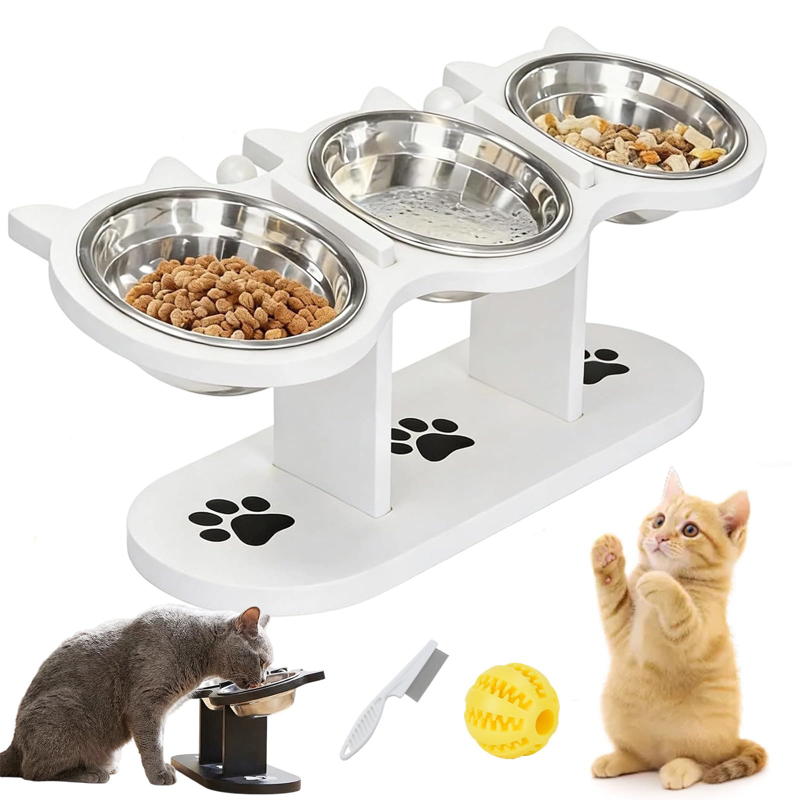 Gamelle pour chat surélevée en bois avec 3 bols inox réglables en hauteur