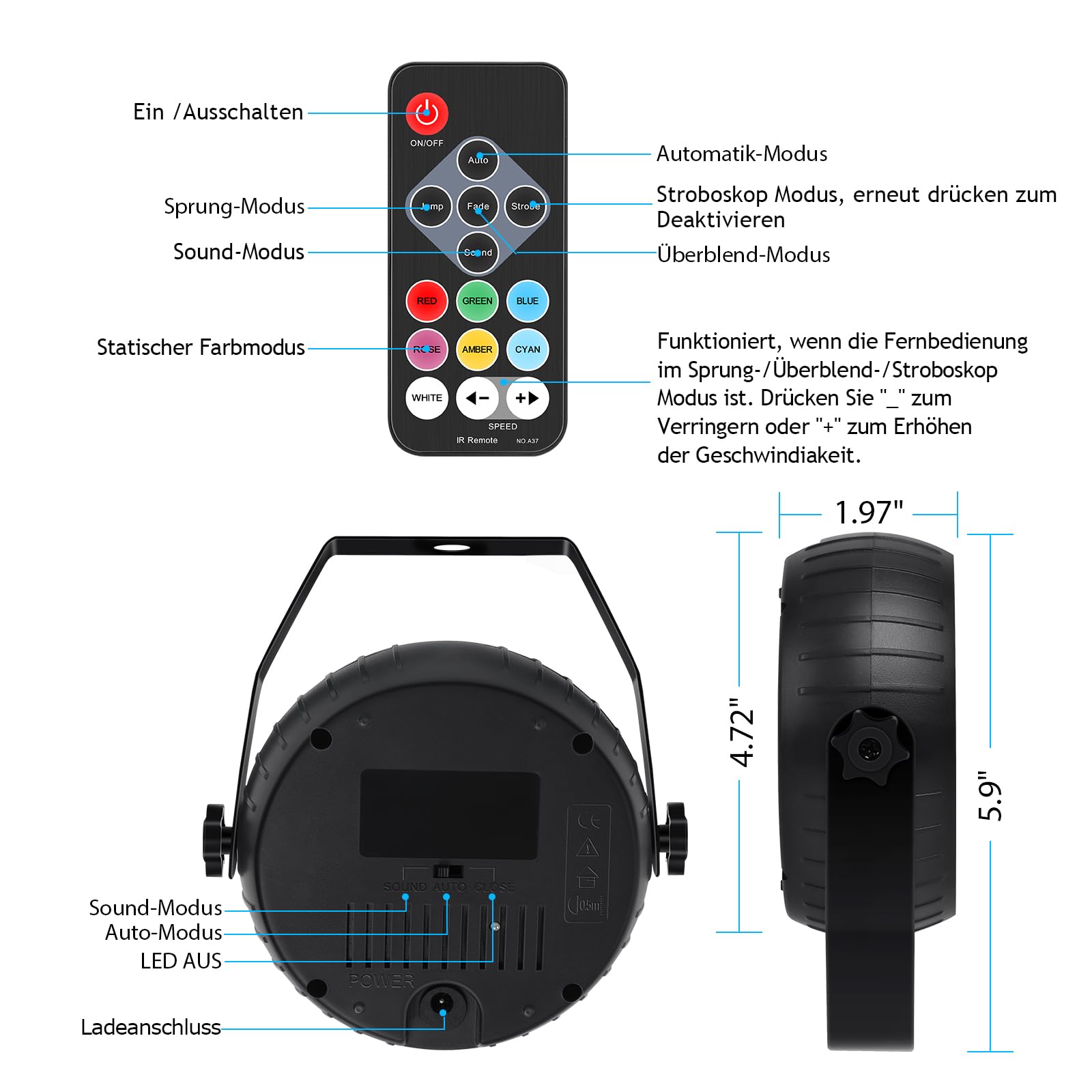 Telbum Akku Stroboskop Blitzer Halloween, Batteriebetrieb Stroboskop Disco Licht mit Fernbedienung, Sound Aktiviert RGB 54LED Wiederaufladbar Blitzlicht für Party DJ Weihnachten Hochzeit 2Pack