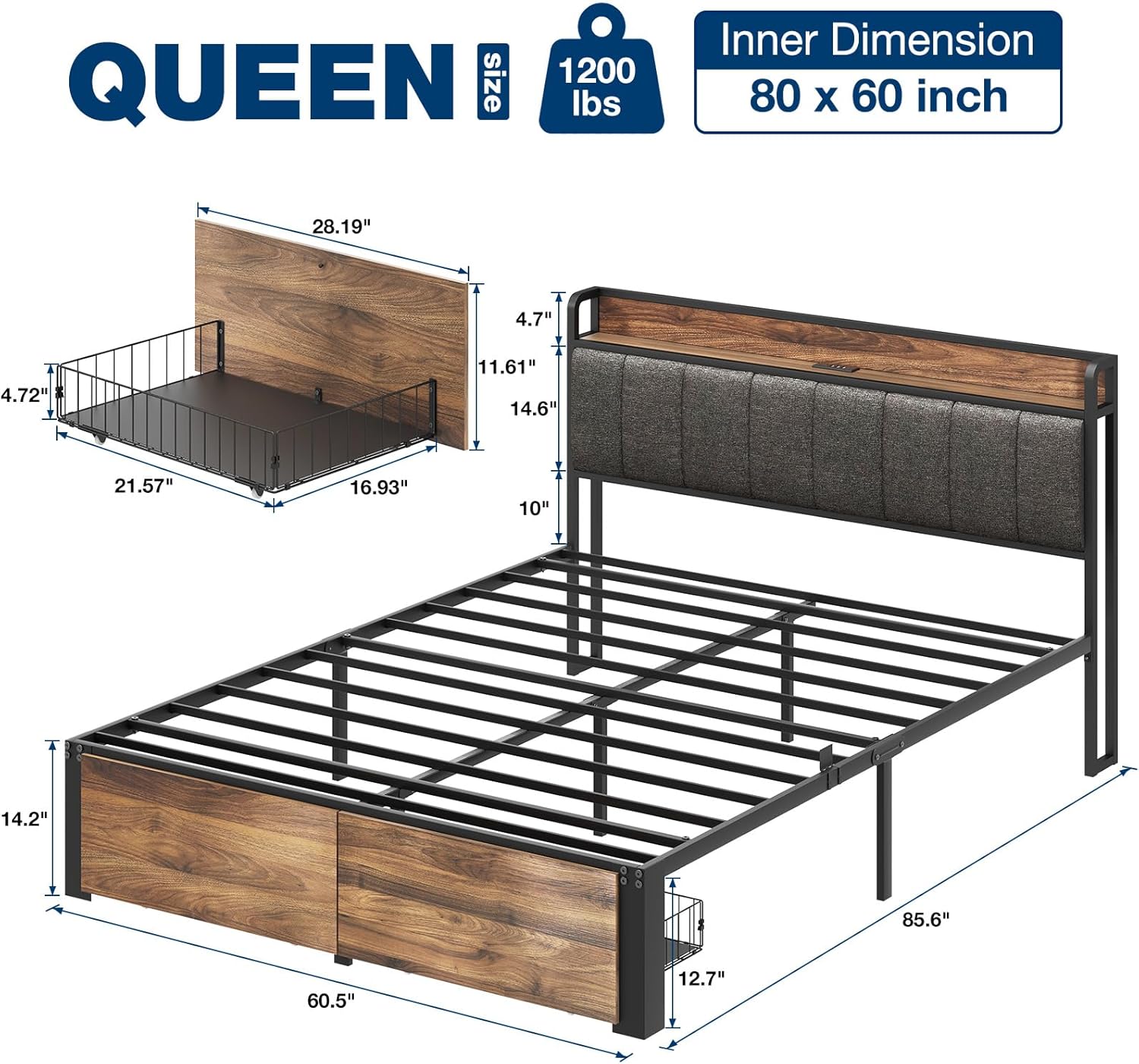 Queen Bed Frame with Drawers Storage Headboard and Charging Station Fabric Upholstered Headboard with Outlet Heavy Duty Metal Platform Bed with Steel Slat Support No Box Spring Needed,Grey