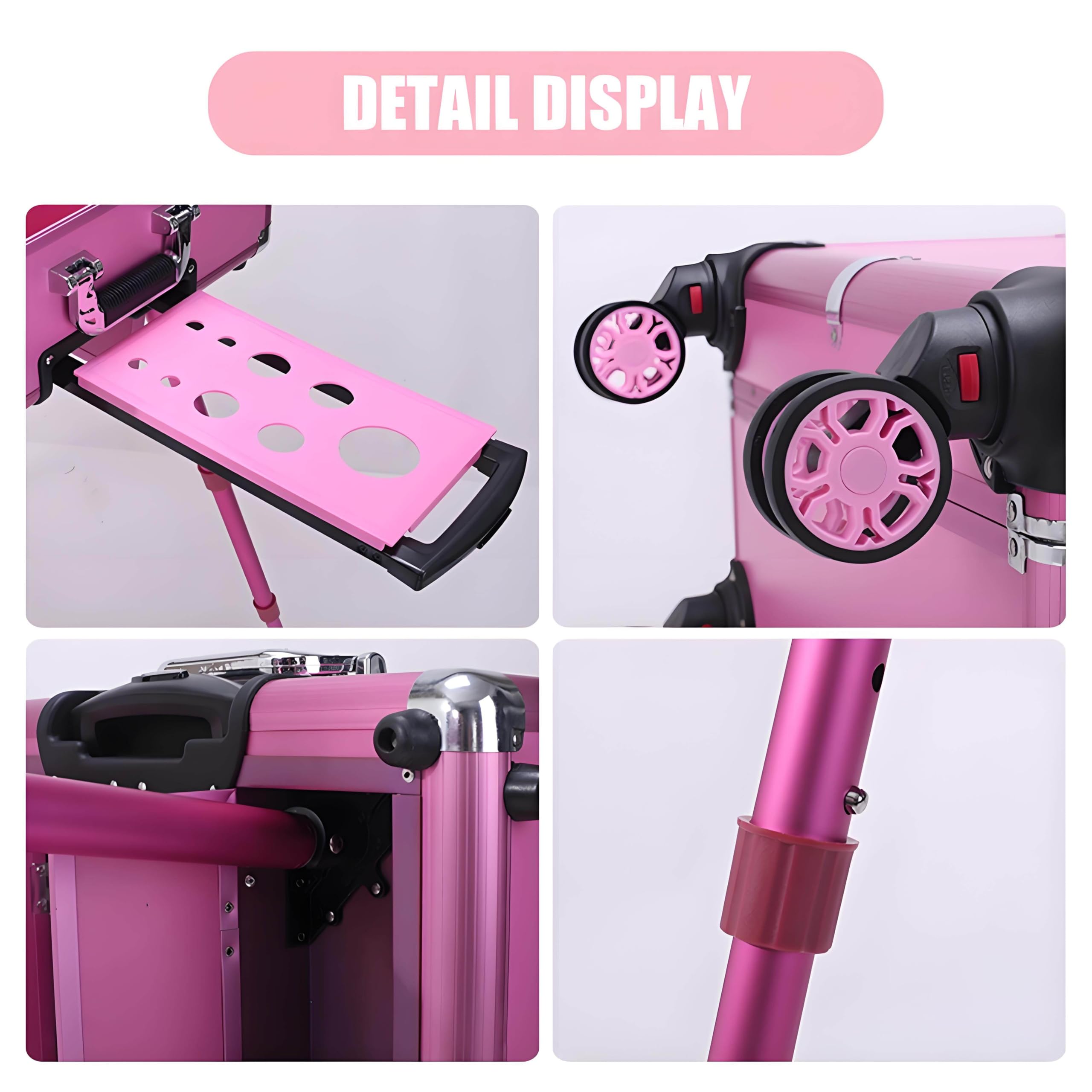 Tavolo da Trucco Professionale con Ruote, Portatile, Pieghevole, Supporto Nascosto e Ruote, Valigetta per Il Trucco Multifunzionale, Adatta a Truccatori Ed Estetiste, con Luce LED Pink