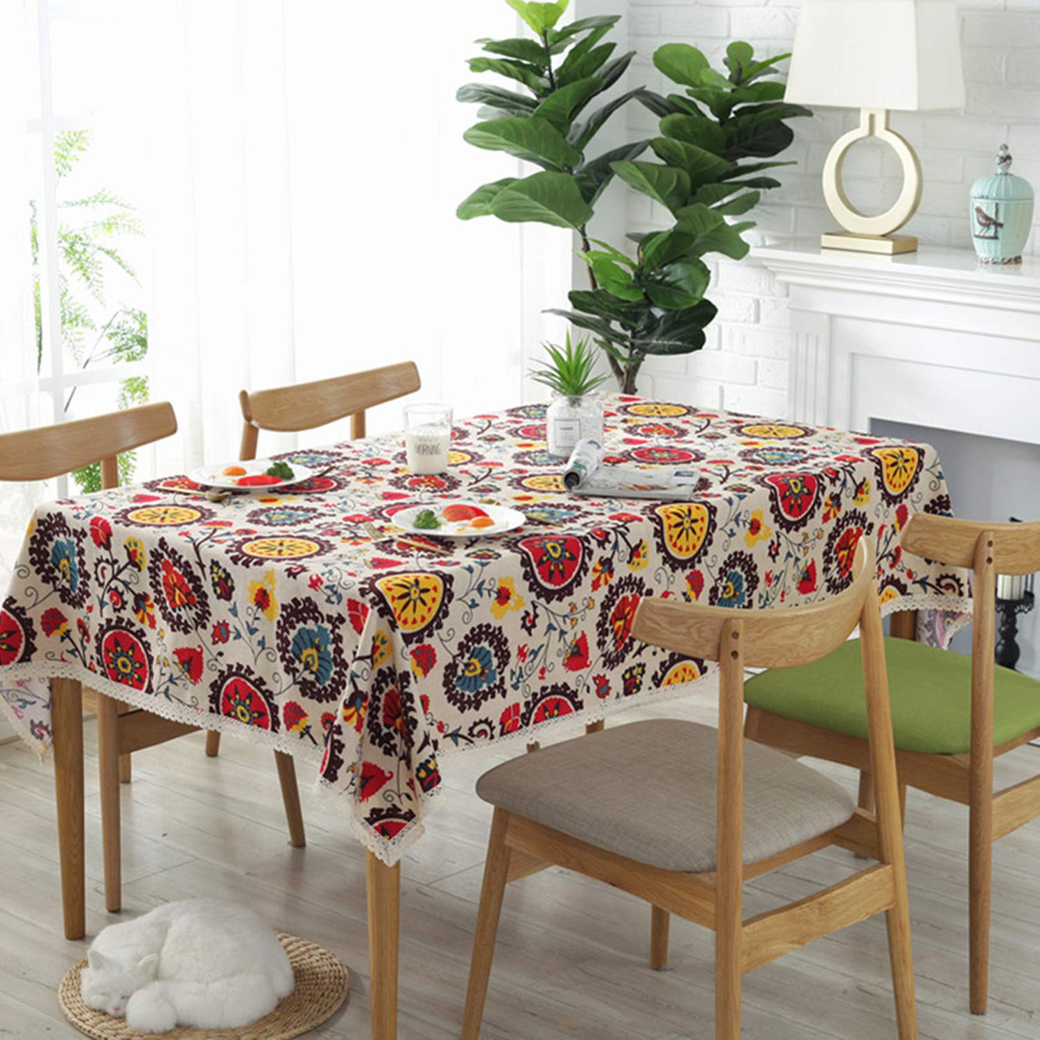 Bettery Home Bohemian Style Rectangle Tablecloth Cotton Linen Lace Floral Table Cloth for Kitchen Dining Room Tabletop Decoration, 55
