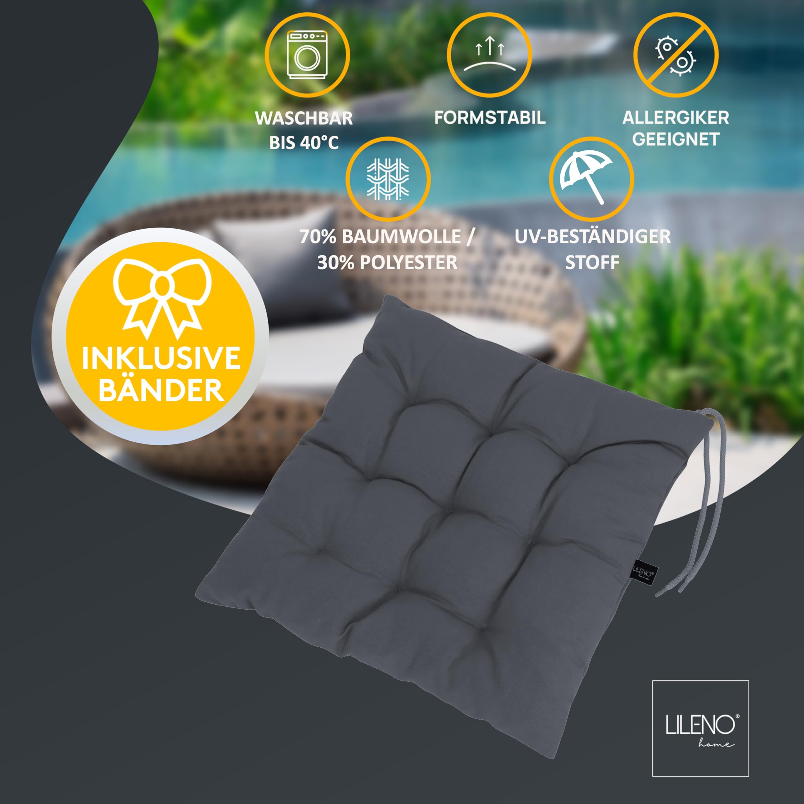 LILENO HOME - Set di 6 cuscini per sedia da giardino, cucina o sala da pranzo, 40 x 40 x 6 cm, colore: grigio scuro. Comodi e resistenti ai raggi UV, per interni ed esterni, come cuscino per sedia