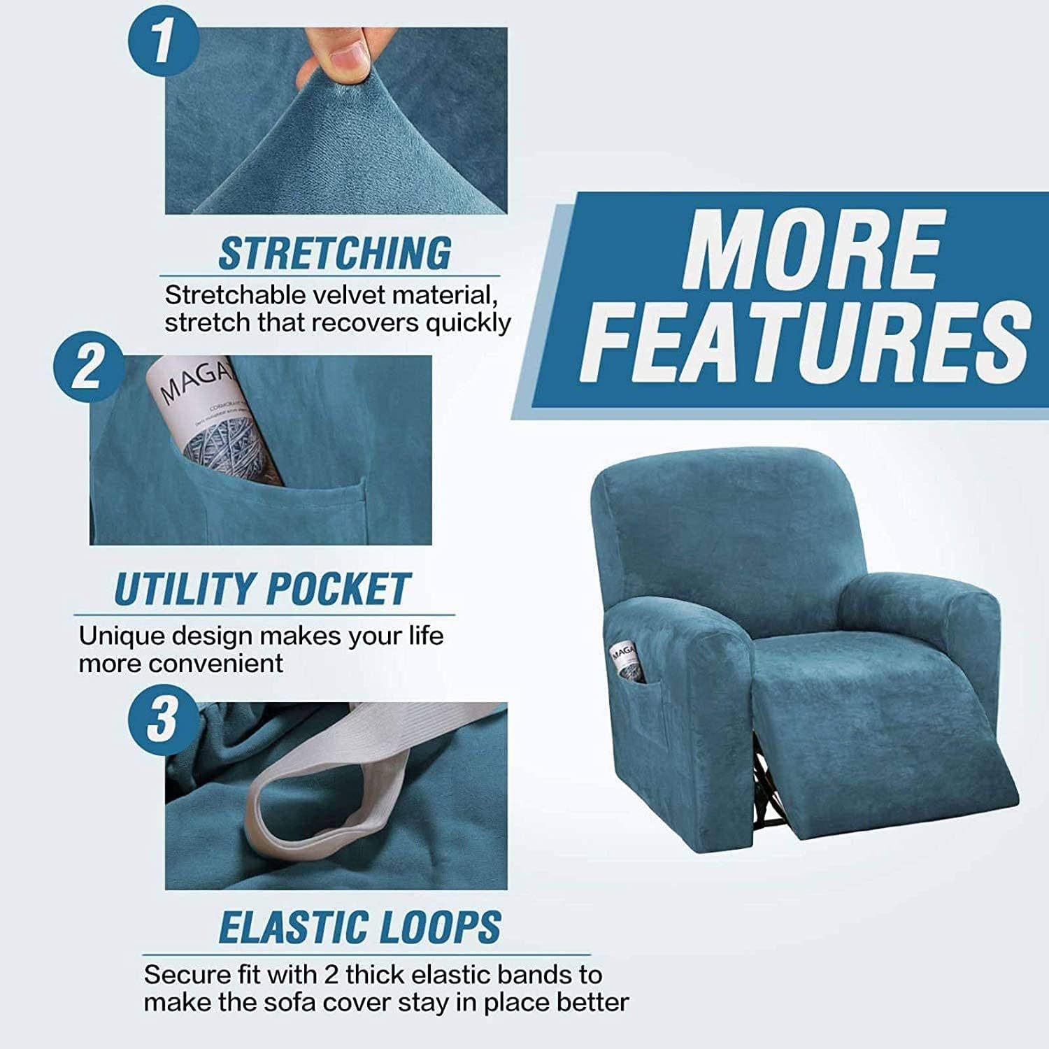 Stretch Velvet 1 2 3 Seat Recliner Sofa Cover Pet Dog Kid Solid Color Sofa Covers Relax Lounger Slipcovers Couch Towel Armchair Covers (Color : H, Size : 1Seater 4-Piece)