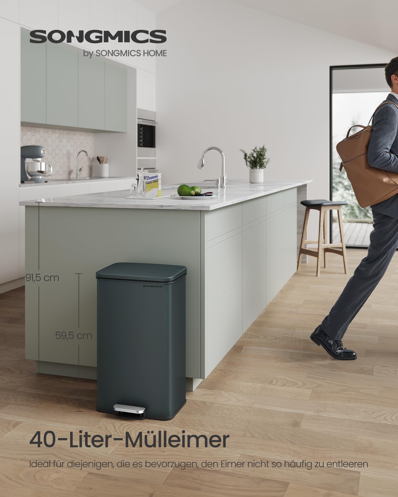 SONGMICS Mülleimer Küche, 40 Liter Abfalleimer, großer Tretmülleimer, mit Deckel, aus Stahl, Softclose, inklusive 15 Müllbeutel, anthrazitgrau LTB540G02
