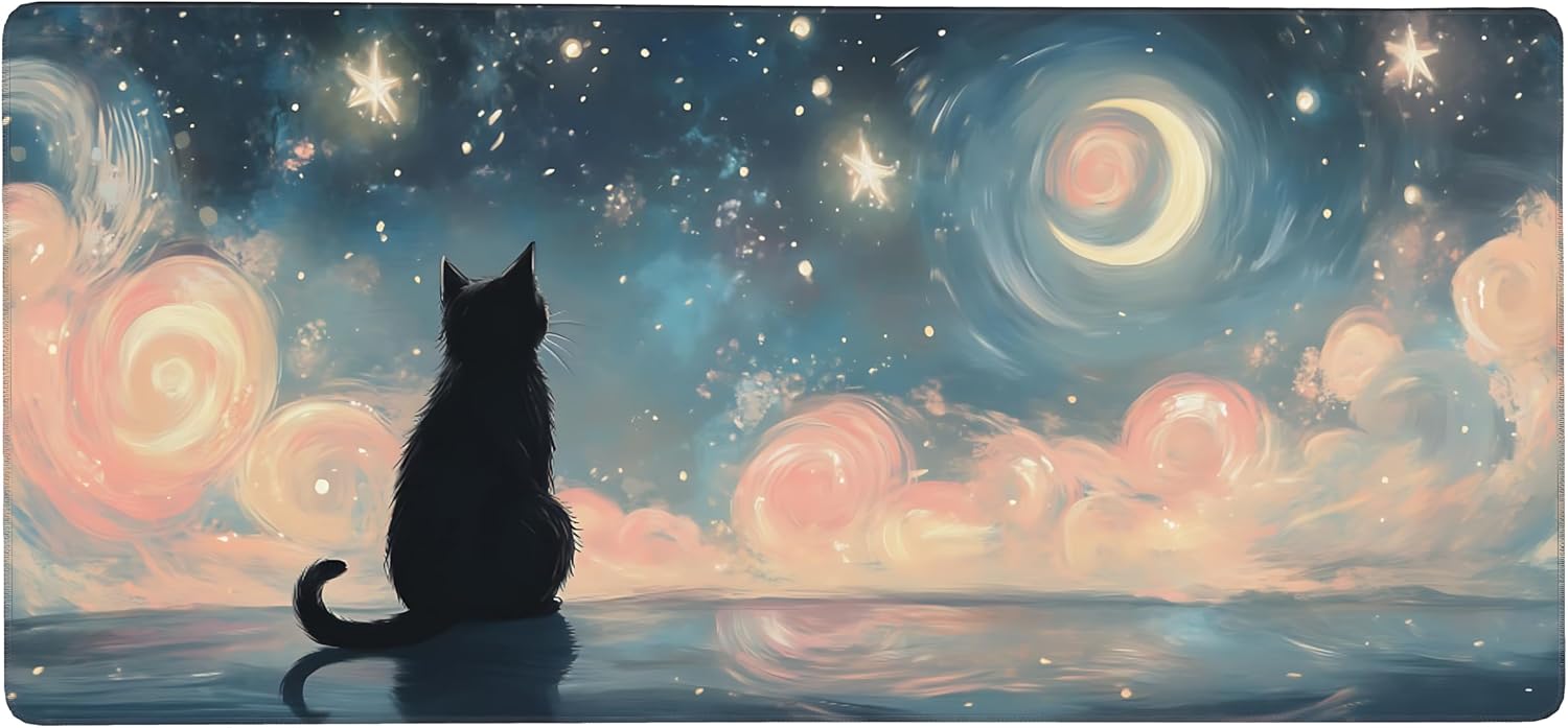 Cute Anime Black Cat Gaming Mouse Pad, Colorful Van Gogh Desk Mat with Anti-Slip Base & Stitched Edges, Computer Keyboard & Laptop Pad, 35.4" x 15.7" in in Workstation Accessories image 3