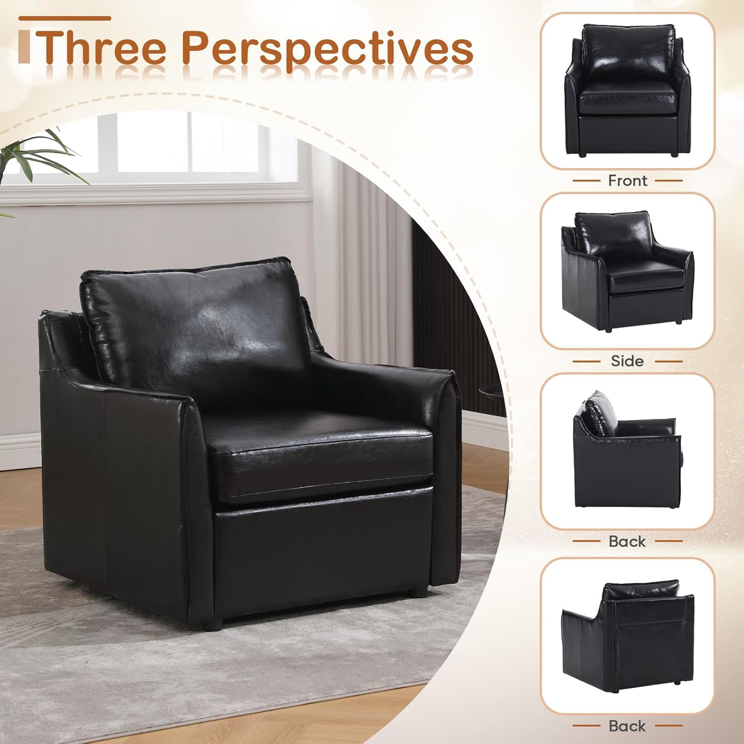 Deolme Black Leather Chair, Mid-Century Modern Faux Leather Accent Chair, Soft Cushied Sofa Chairs Comfy Arm Chair Lounge Upholstered Sitting for Living Room Bedroom Office Waiting Room Furniture