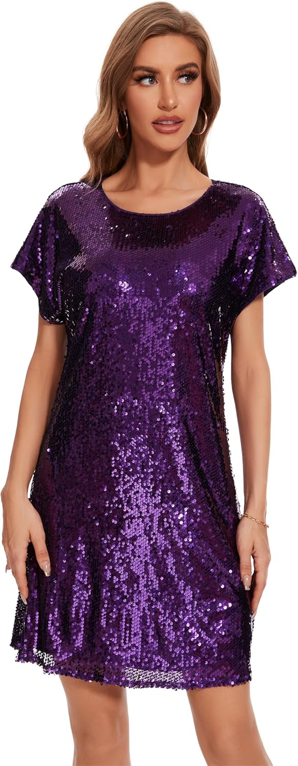 Women's Crewneck Sequin Shift Dress Short Sleeve Casual Holiday Sparkly Party Dress - Image 6