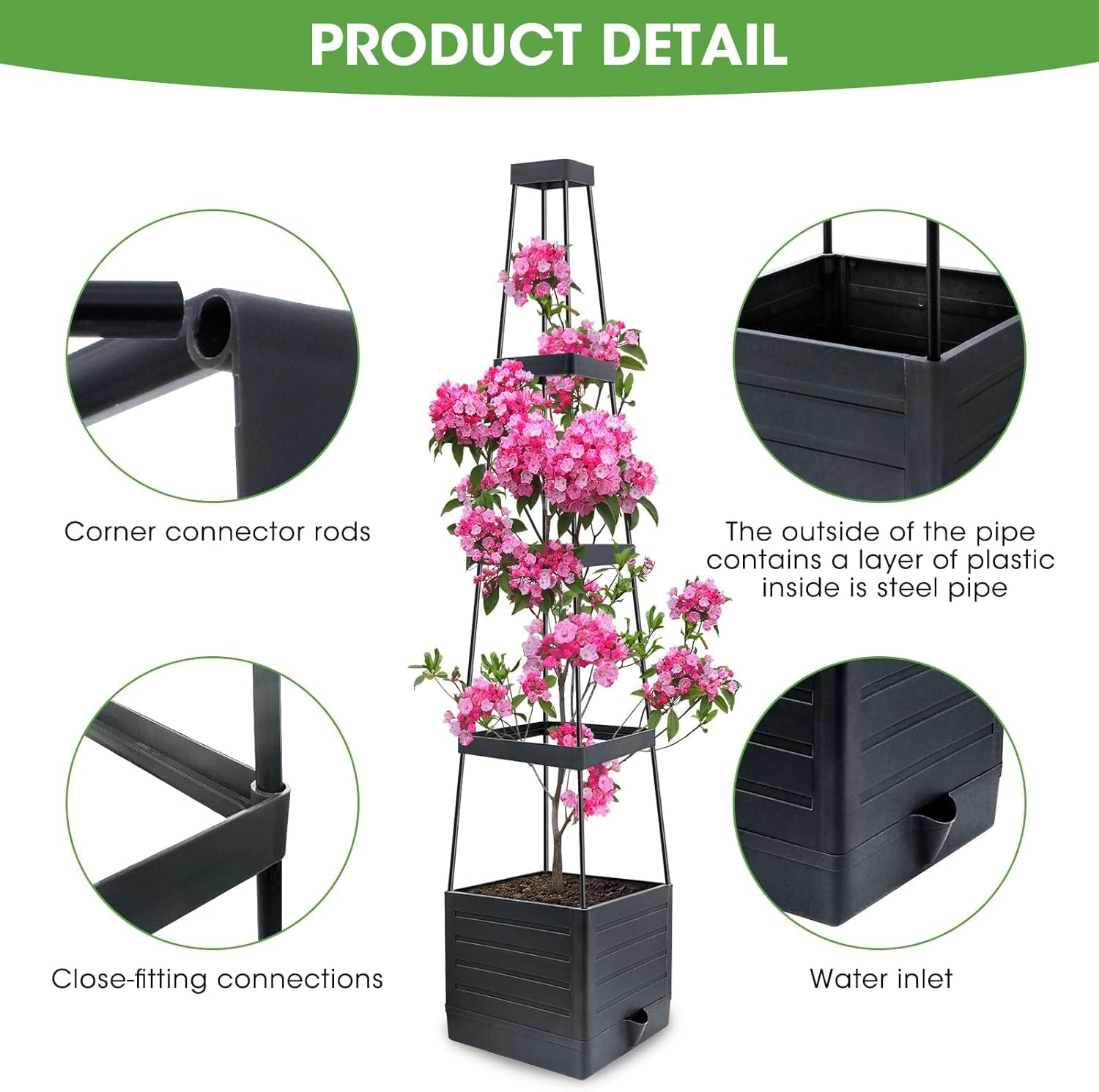 MYMULIKE Lot de 4 parterres de jardin surélevés, jardinières avec treillis de 147 cm, pots de tomates pour grimper, vigne, légumes, fleurs, plantes, cage à tomates auto-arrosage pour serre de terrasse