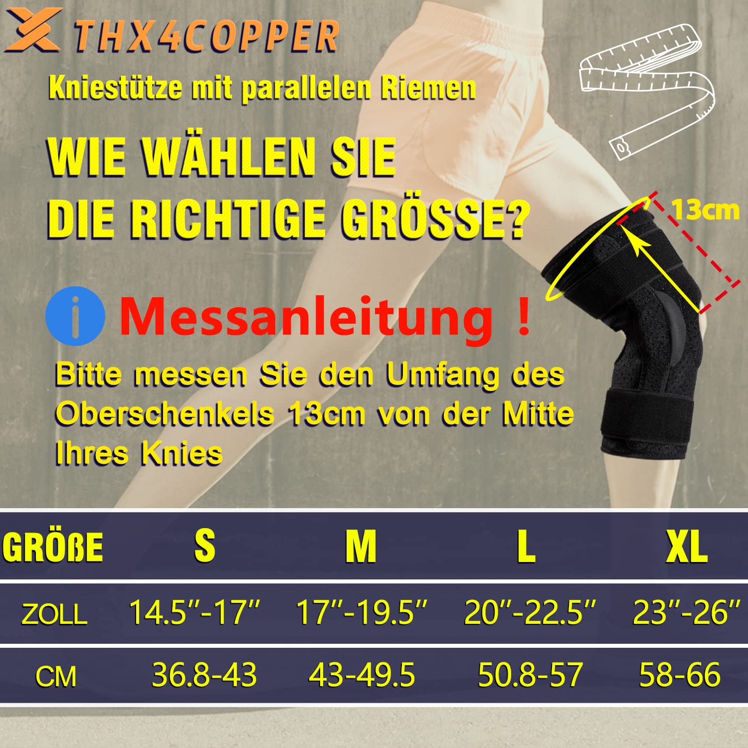 Thx4COPPER Kniestütze, Kniebandage, Einstellbare Knieschoner mit Patella Gel Pads und Doppelseitigen Seitenstabi, Knieorthesen Unterstützung für ACL, Sport, Laufen