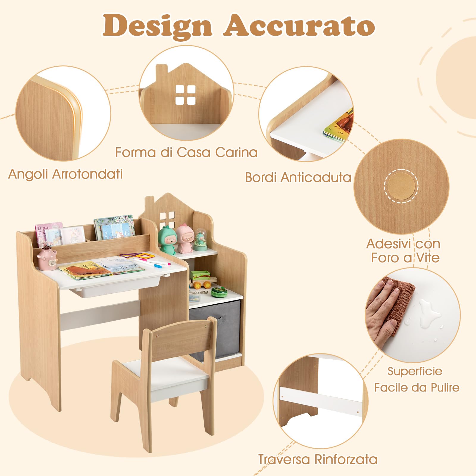 COSTWAY Set Scrivania e Sedia per Bambini 3-12 Anni, Tavolo e Sedia in Legno Salvaspazio con Cassetto in Plastica e Cassetto in Tessuto, Banco Scuola e Seggiola per Cameretta (Naturale)