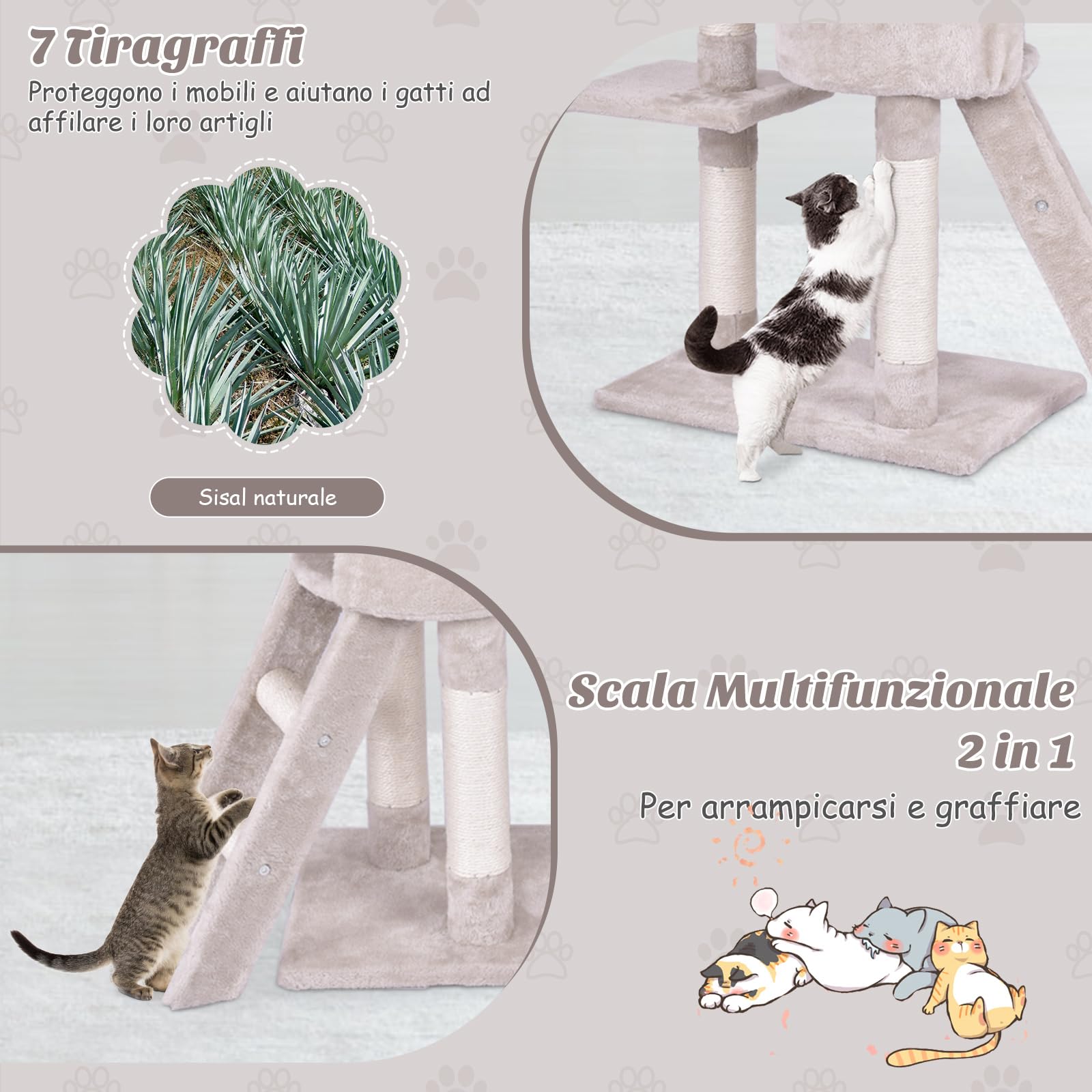 COSTWAY Tiragraffi per Gatti Alto 140 cm, Albero Tiragraffi Gatto con Tiragraffi in Sisal, Cesto, Piattaforma, Scala e Palline Pendenti, Torre Multi-Livello per Gatti da Interno
