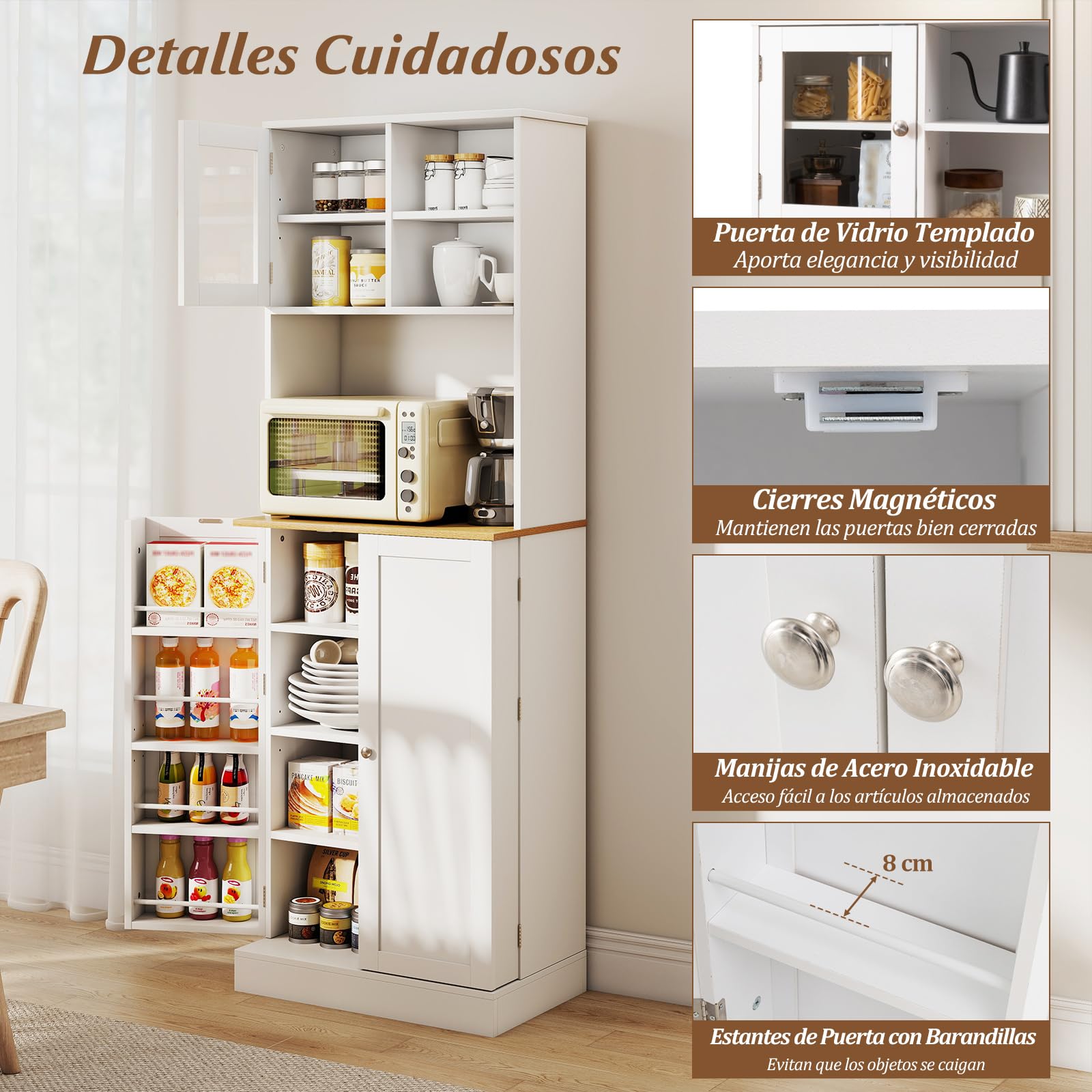 COSTWAY Armario Despensa de Cocina, Armario Buffet con Estante para Microondas, 8 Estantes con Puertas y 5 Estantes Ajustables, Gabinete de Despensa de Cocina para Sala de Estar, 60 x 35 x 170 cm