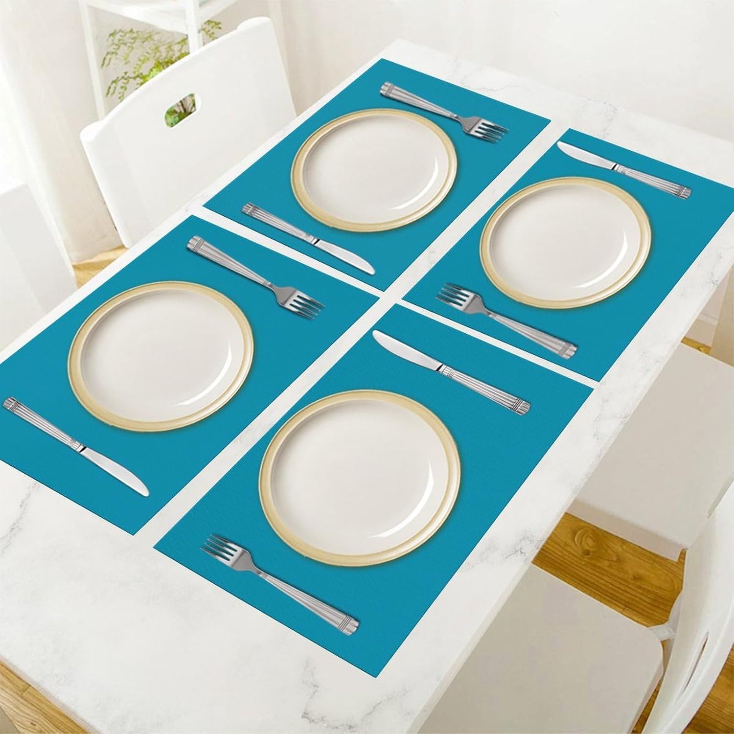 Placemats Set of 4, Solid Teal Blue Place mats for Dining Table Heat-Resistant Washable Waterproof PVC Table Mats