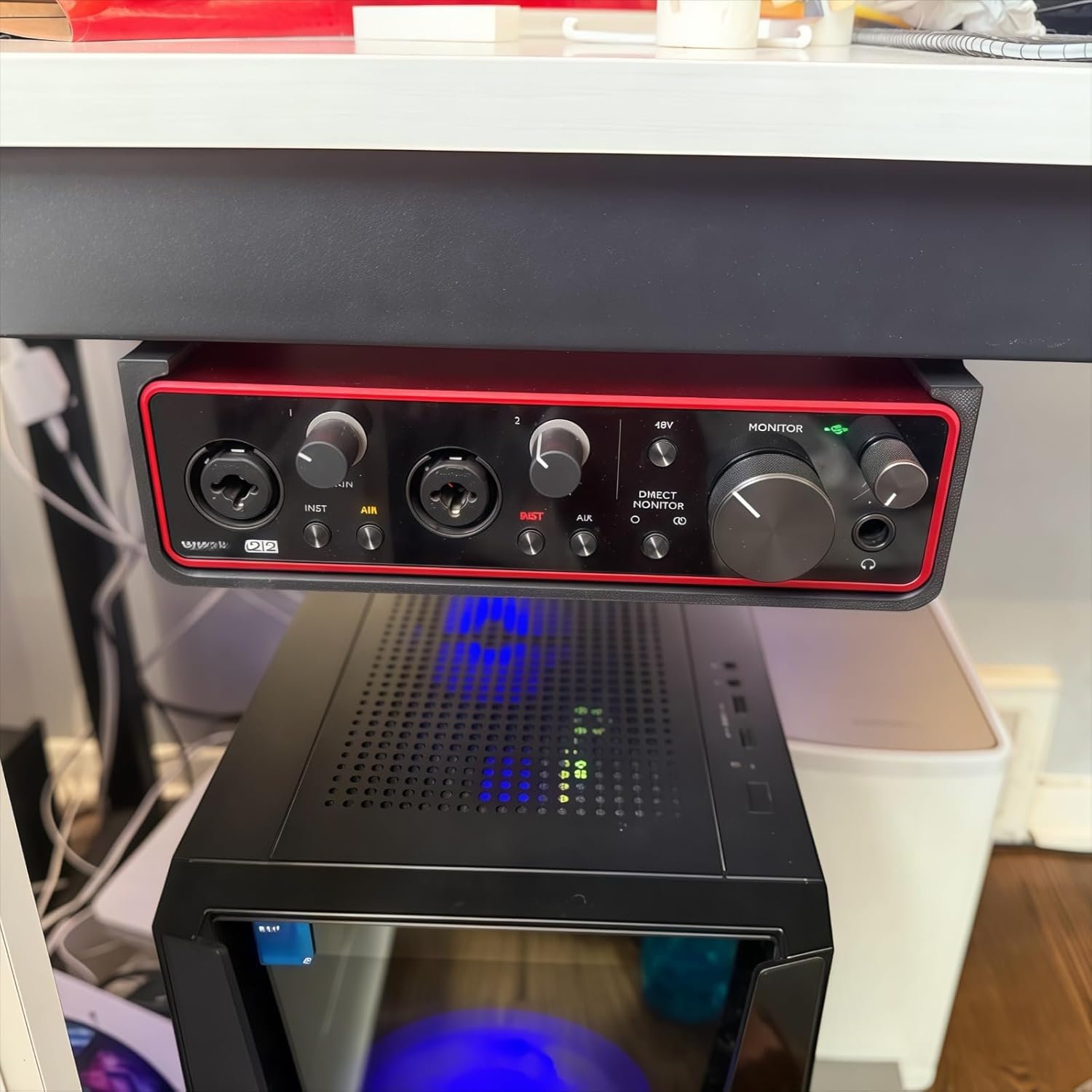 Under-Desk Mounting Bracket for Focusrite Scarlett 2i2 Gen 3 Audio Interface, Flush Mount Suit for Desk Bottom Equiped 40mm Bar, Keep Workspace Neat and Organized