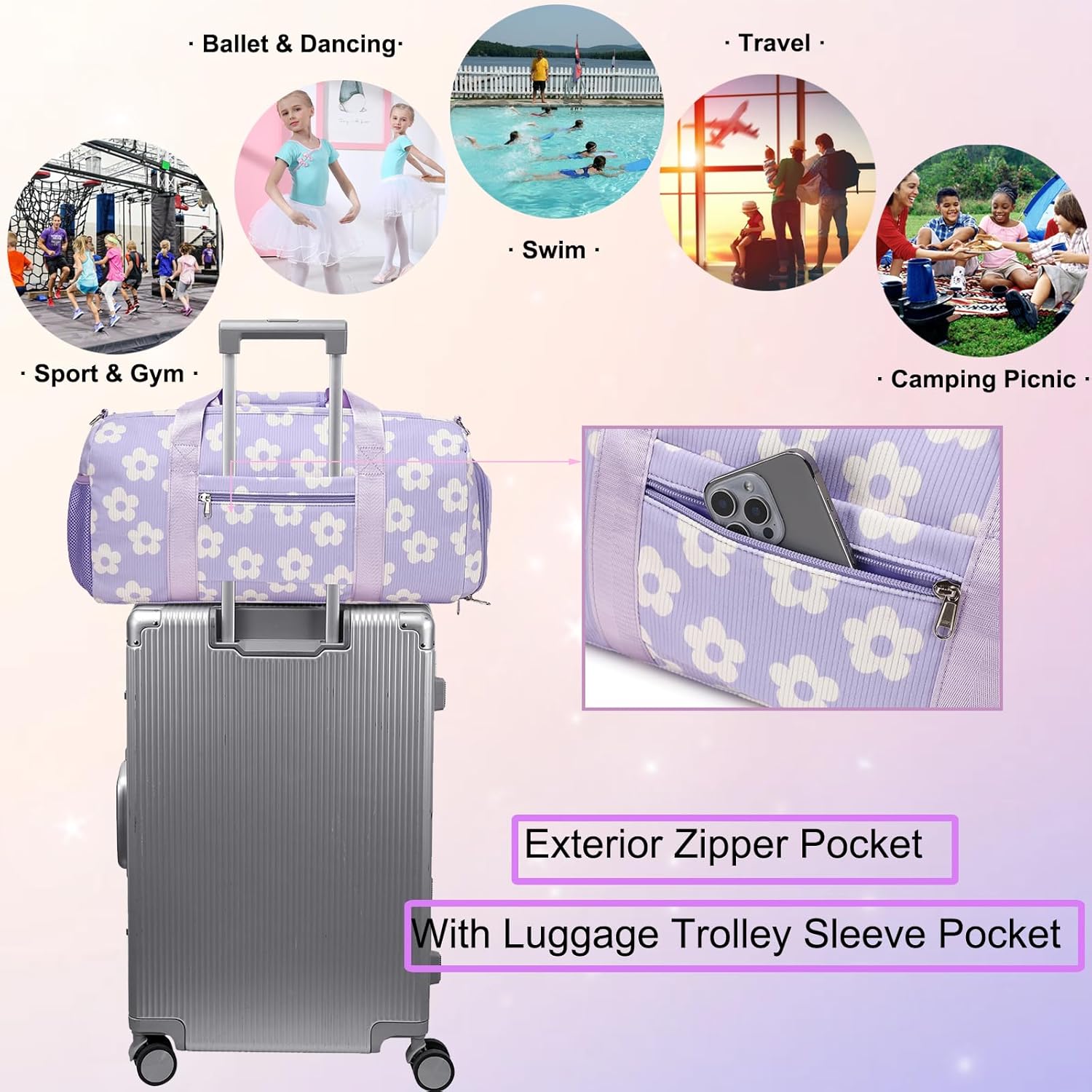Duffle Dag Dance Dag Teen Girl Gym Bag Ballet Bag Sports Duffle Dag Corduroy Overnight Bag with Shoe Compartment and Dry Wet Pocket,Cute Birthday Gifts(Purple)