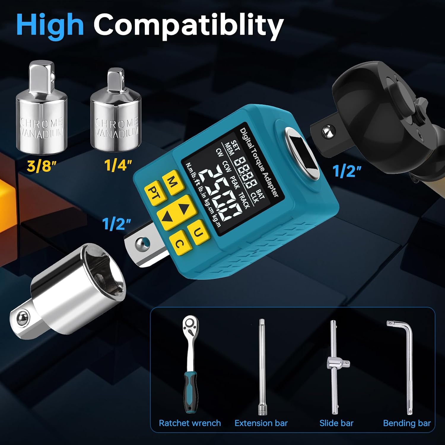 1/2" Digital Torque Adapter for Car, 12.5-250Ft-lb/17-340N.m, ±2% Accuracy