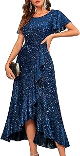 Women Sequin Formal Party Dress Flutter Short Sleeve Wedding Cocktail Long Evening Dress