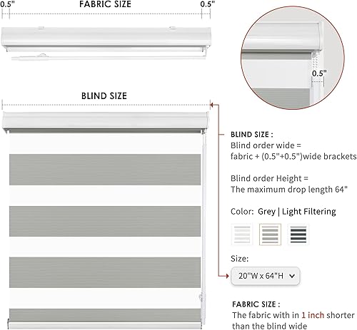 Miniatura 4 de Allbright Zebra - Persianas enrollables de doble capa para ventana, 45 pulgadas de ancho x 64 pulgadas de alto, color gris, persianas enrollables