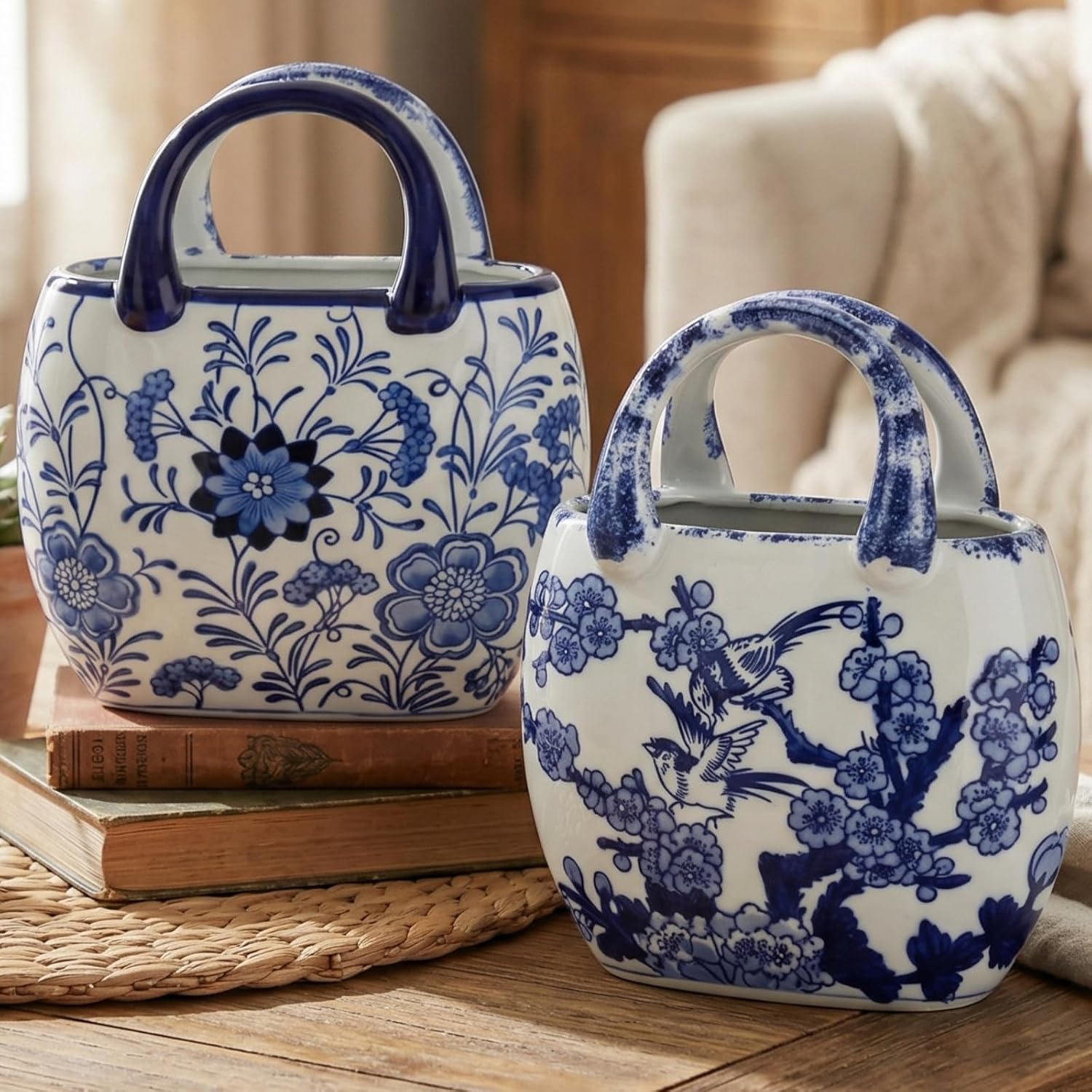 LemonRoad 2 Pcs Ceramic Purse Vase for Flowers Porcelain Blue and White Valentine's Day Arty Gifts Handbag Vases for Table Centerpiece Flowers Pottery Chinoiserie Living Room Kitchen Bedroom