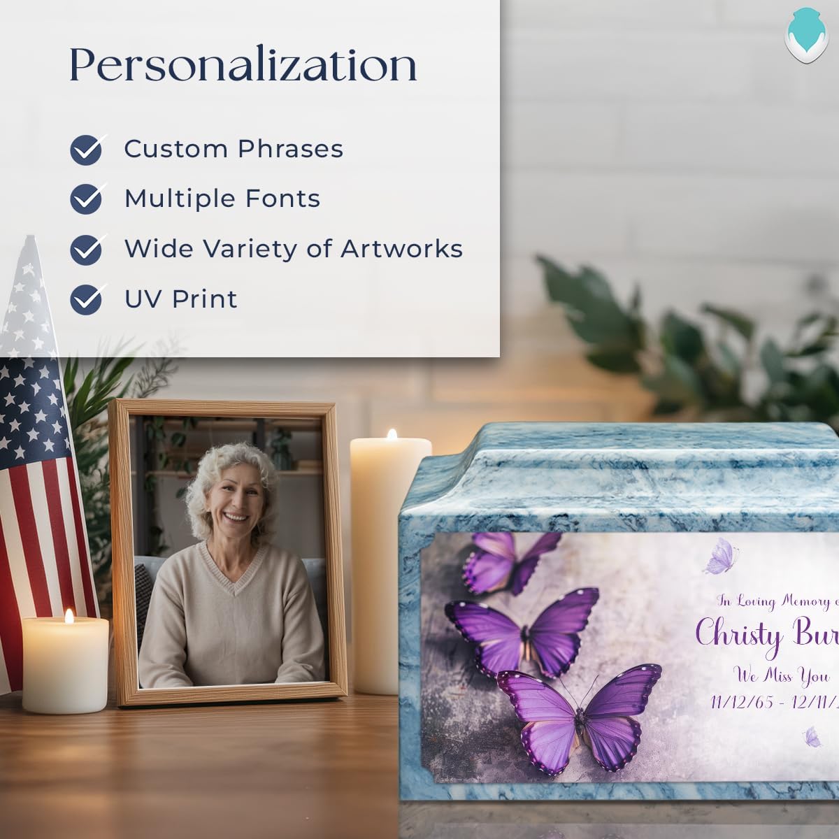 GetUrns Cultured Marble Urn Vault by Mackenzie with Personalized Butterfly and Text for Human Ashes I Sky Blue Adult Urns for Male and Female I 210lbs