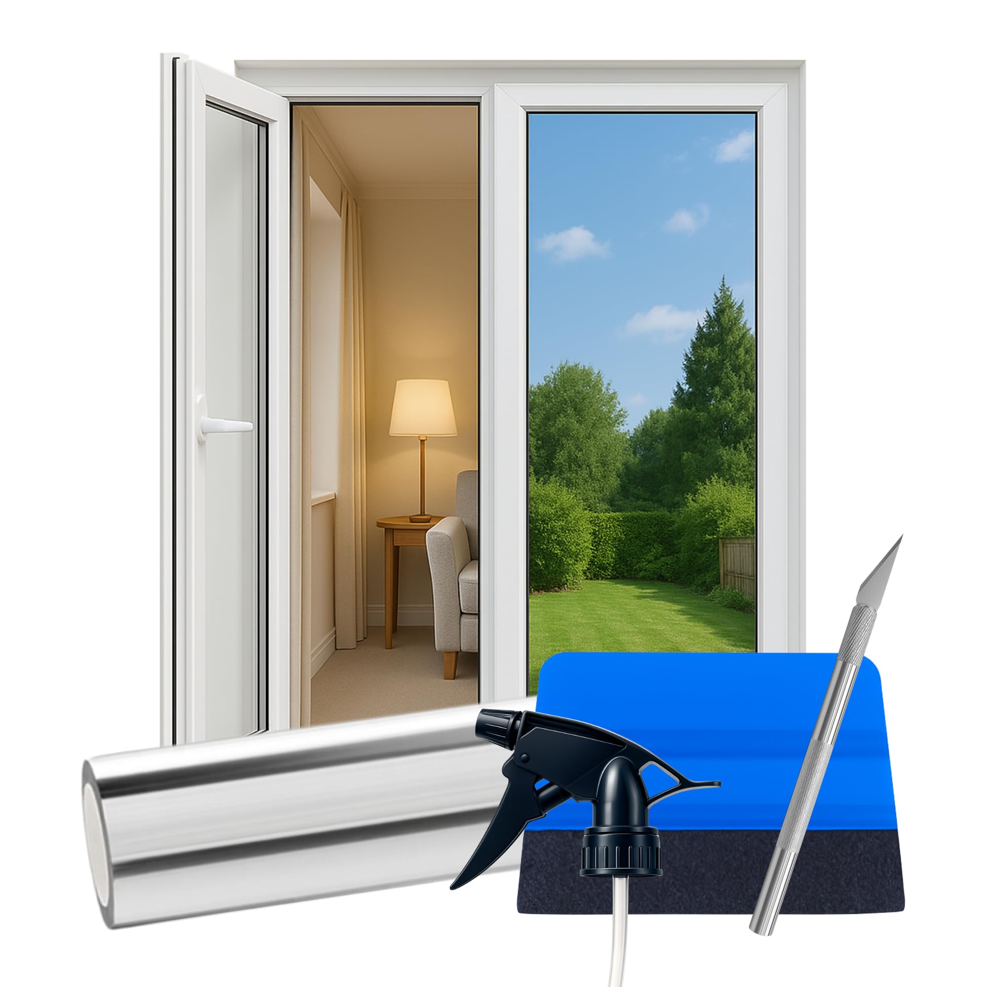 Perfect Cover Spiegelfolie Selbstklebend – Fensterfolie Sichtschutz & Blickdicht von Außen – Spiegel Folie Fenster – Sichtschutzfolie für Wohnzimmer, Büro & Küche – Inkl. Zubehör – 120 x 300cm