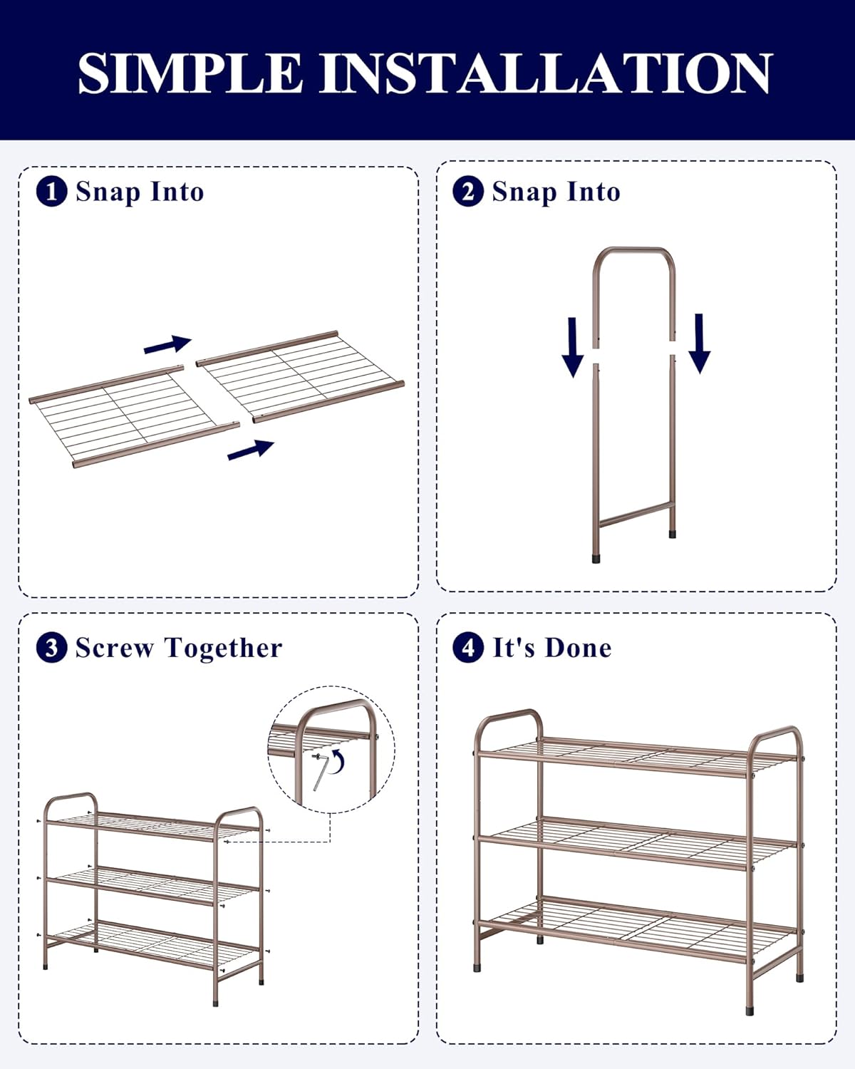 Kitsure Shoe Rack - Stainless Steel Shoe Organizer, Sturdy Shoe Rack for Closet and Front Door Entrance, Free Standing Shoe Shelf, Closet Organizers and Storage, 25.6" Wide - 3 Tier, Brown