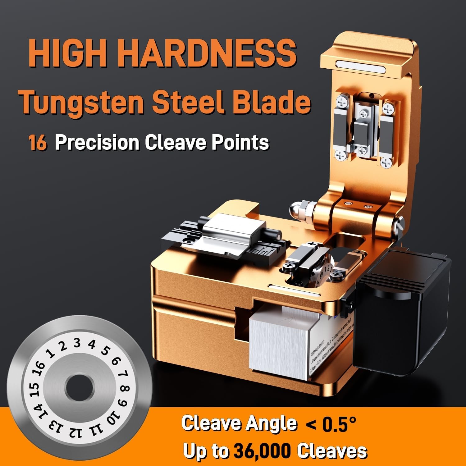 Optical Fiber Cleaver, High Precision FTTH Fiber Optic Cutter with 16 Cleave Positions & Blade Life up to 48,000 Cuts, for 0.25mm, 0.9mm, 3.0mm Fibers, with Scrap Collector