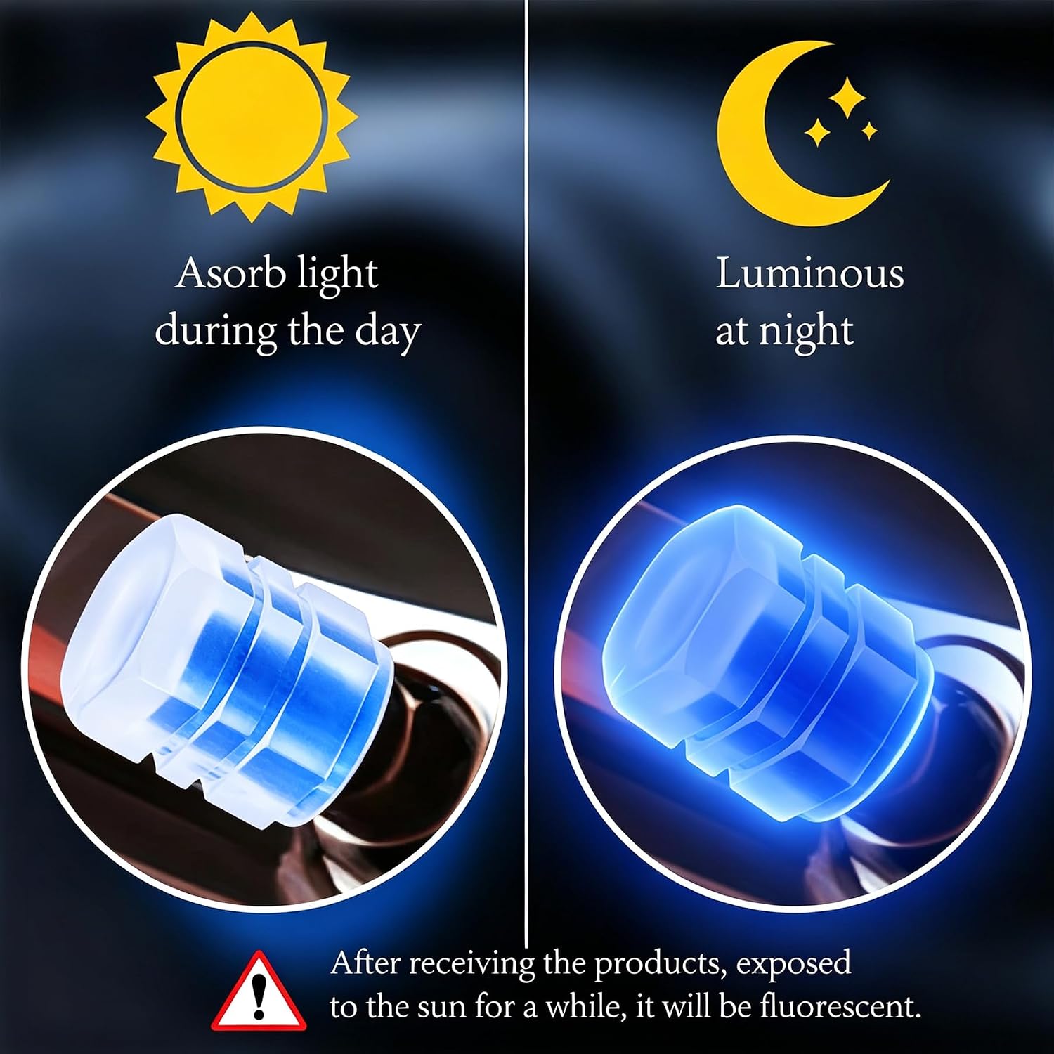 4PCS Fluorescent Tire Valve Stem Caps, Luminous Car Tire Air Cap, Corrosion Resistant Leak-Proof Wheel Valve Cover, Universal for Cars, Trucks, Bikes, Motorcycles, Bicycles(Blue)