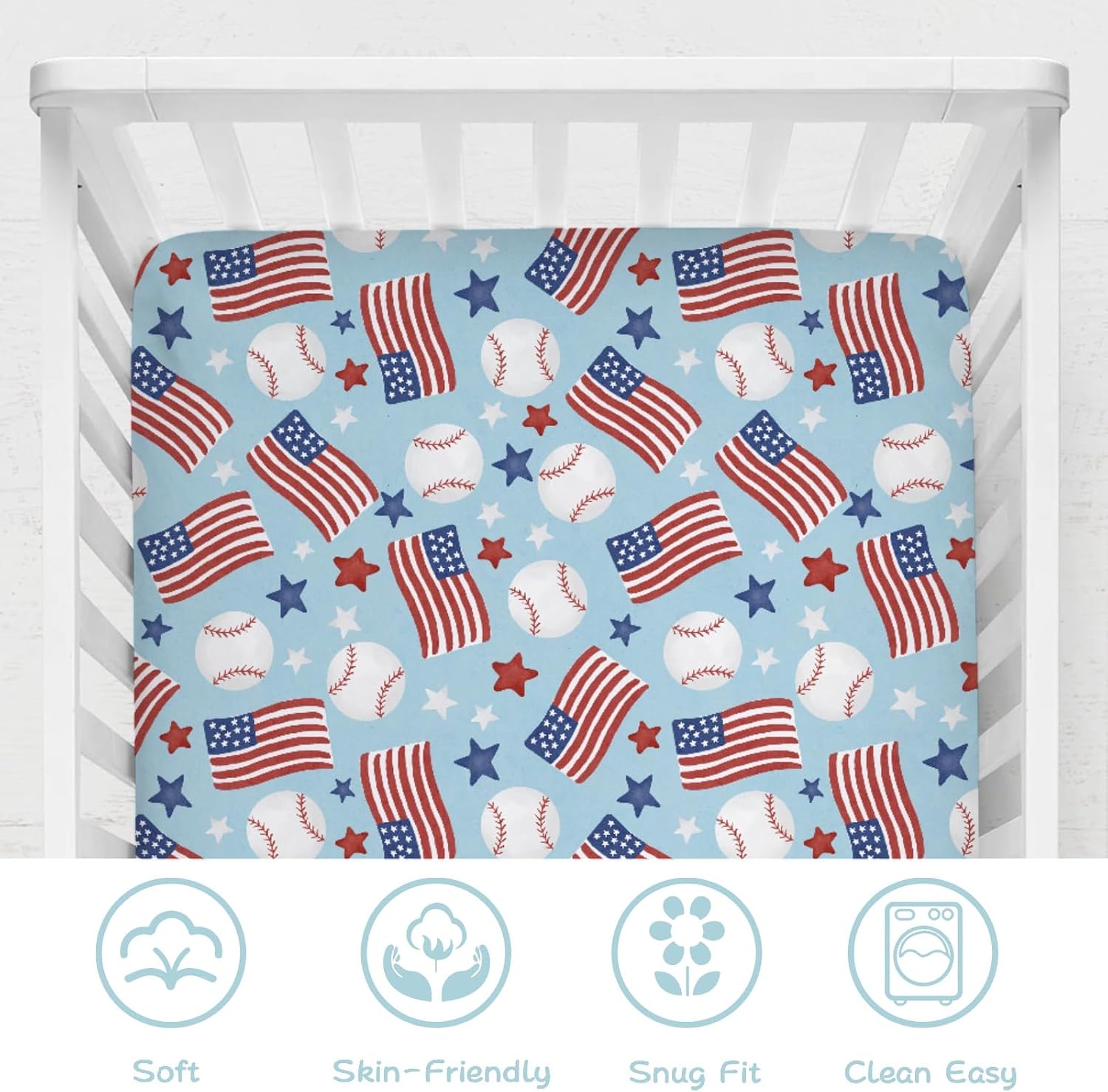 Baseball American Flag Baby Crib Sheet 52''x28'' - Sports Stars Stretchy Fitted Mattress Cover for Boy Girl, Soft Nursery Sheet for Standard Size Crib and Toddler Mattress