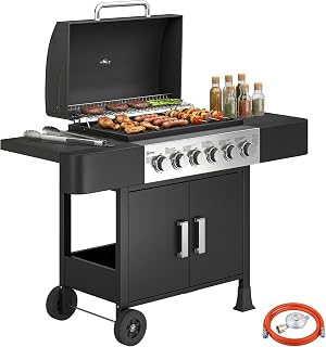 Outsunny Barbacoa de Gas BBQ Gas con 6 Quemadores 15 kW Barbacoa Portátil con Termómetro Tapa 2 Mesas Laterales Armario Rejilla Calentadora Parrilla Recogedor Grasa Asa 2 Ruedas Negro