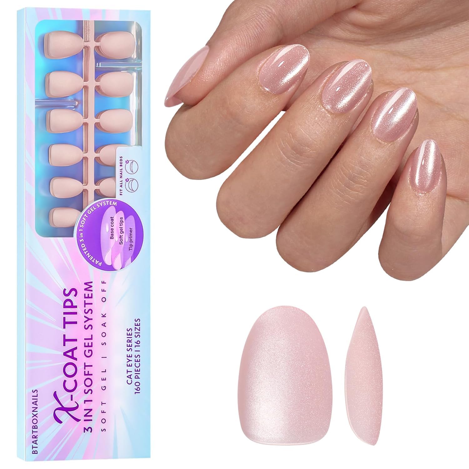 BTArtboxnails Cat Eye XCOATTIPS - Soft Gel Almond Nail Tips, Glitter Press On Nails Extra Short with Solid Gel Set