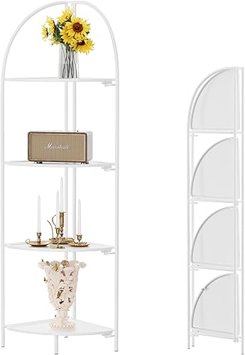 Miniatura 27 de Crofy Estante esquinero plegable de 5 niveles, soporte de esquina de metal para plantas con marco dorado y estantes transparentes, estante de Marco