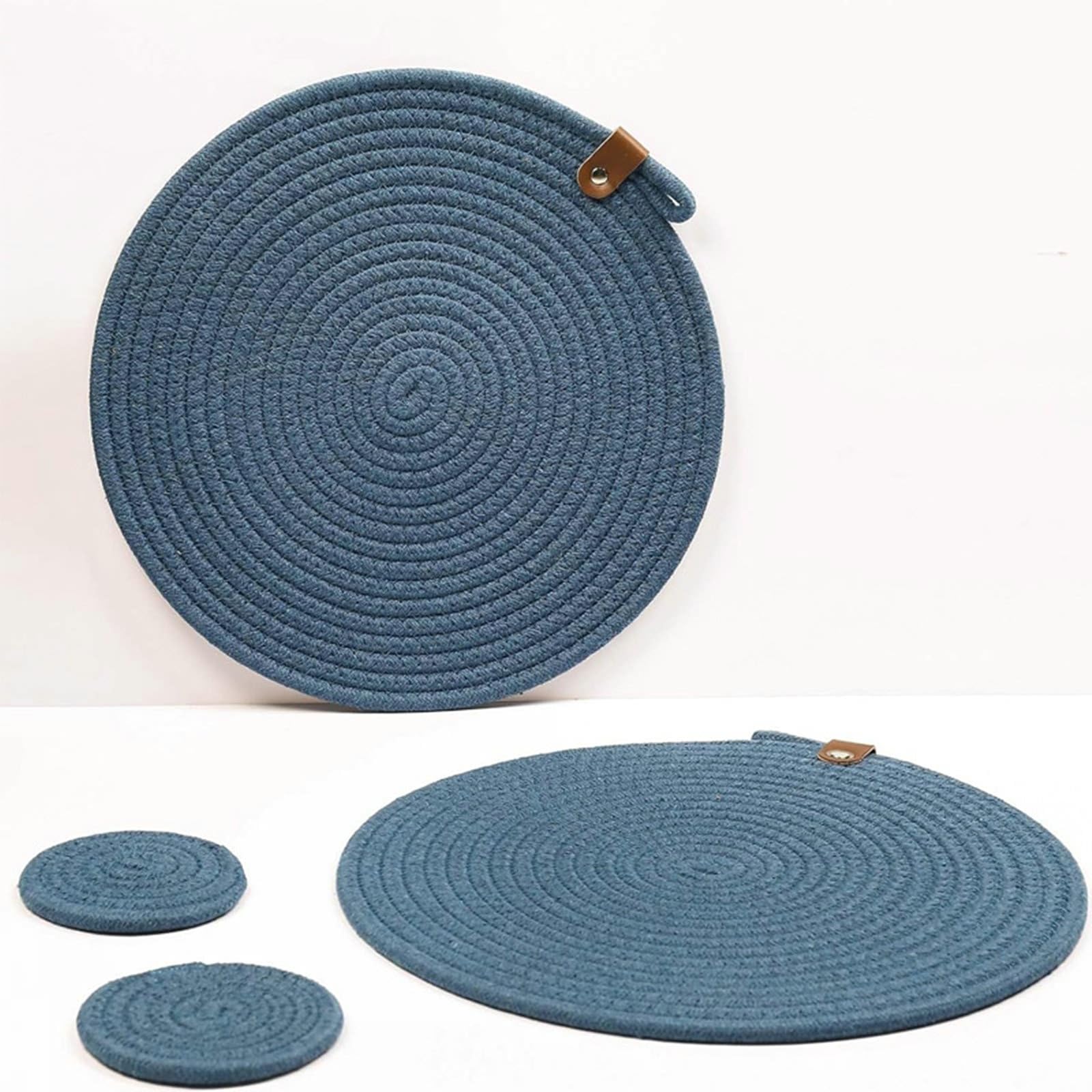 Lot de 4 Set de Table Corde Coton avec Suspension, Dessous Plat Bleu Foncé Antidérapant, Set de Table Rond 30cm Decoratif Restaurant