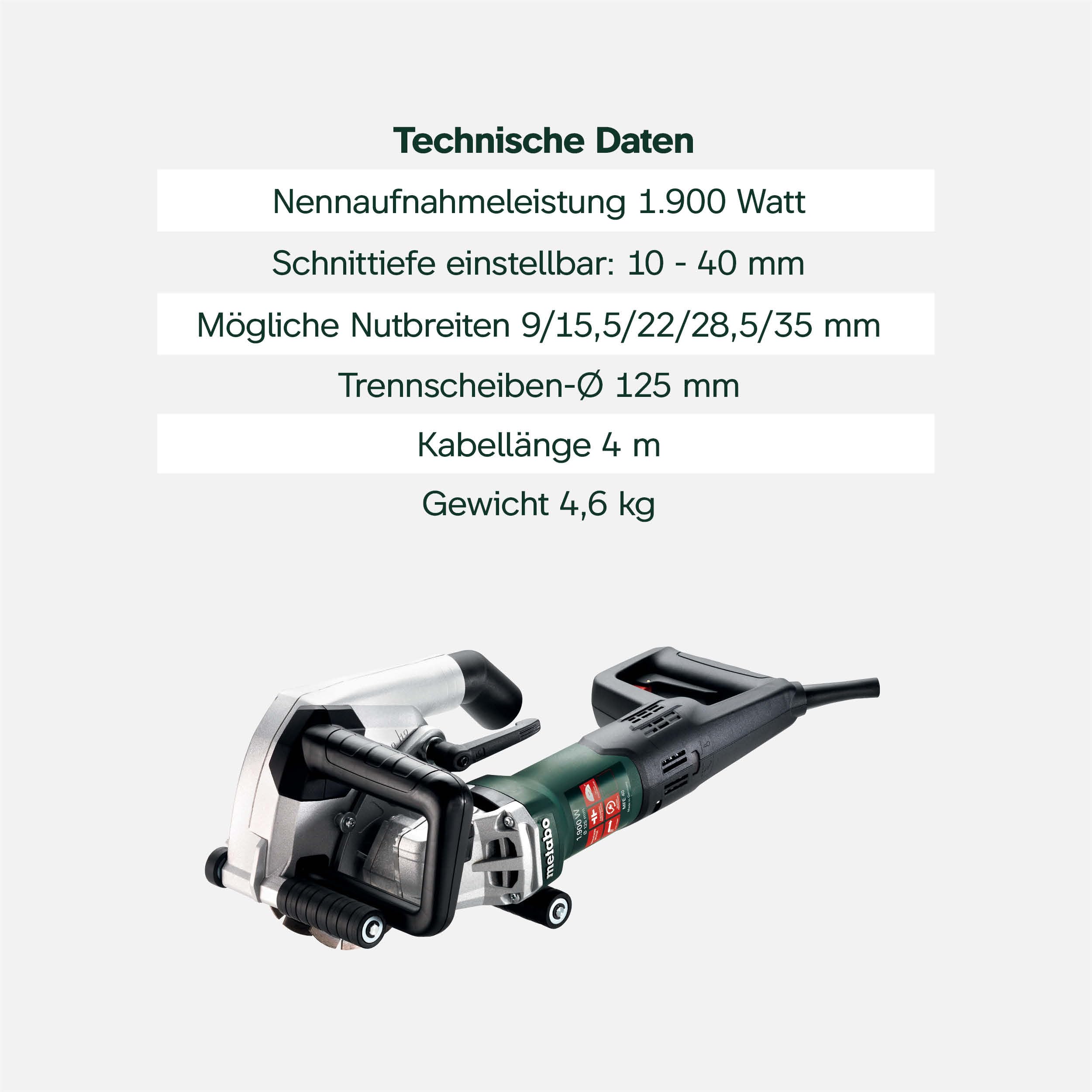 Metabo Mauernutfräse MFE 40 – 604040500 – Für präzise Elektroinstallationen zum Verlegen von Kabeln und Leerrohren unter Putz mit Frästiefen bis 40 mm – 4 m Kabellänge
