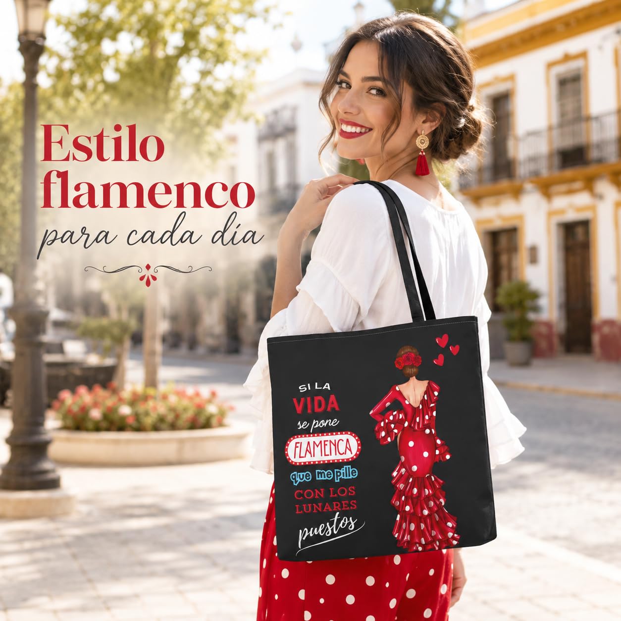 Bolso Tote Flamenco 43x43 cm – Bolsas de Tela con Diseño de Flamenca – Impresión Doble Cara – Asas 60 cm – Poliéster 400 g/m² – Colección Málaga