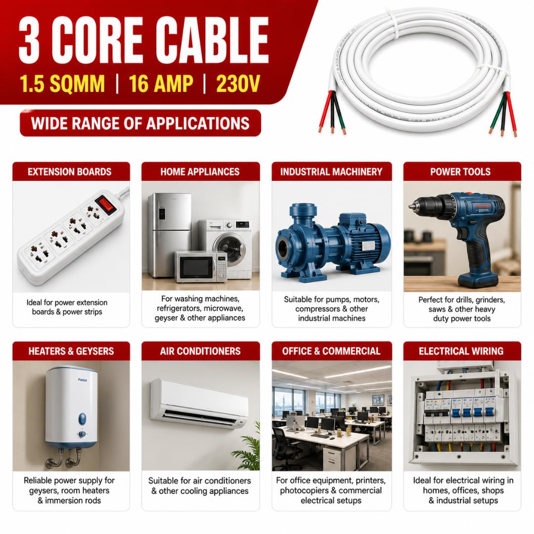 Hi-Plasst 1.5 Sqmm 3 Core Flexible Copper Wire 5M | ISI FR PVC Heavy Duty AC Cord | 16A Extension Wire/Extension Cable for Home Appliances (White) — Amazon image 7