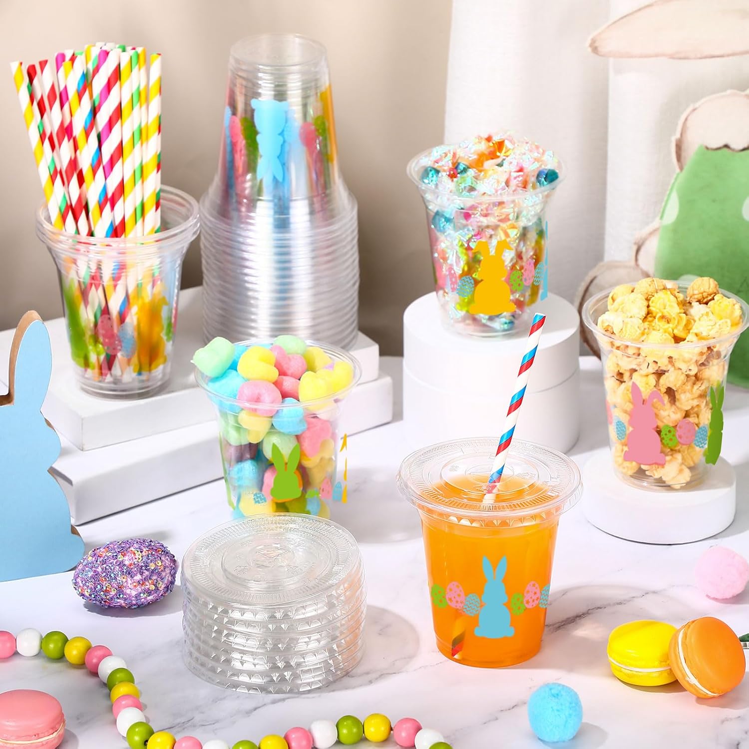 25 Pack Easter Bunny Plastic Cups with Lids and Paper Straws, 12 oz Colorful Bunny Egg Disposable Cup Spring Beverage Drinking Cup for Easter Bunny Party Favors Supplies Baby Show Decorations - Image 4