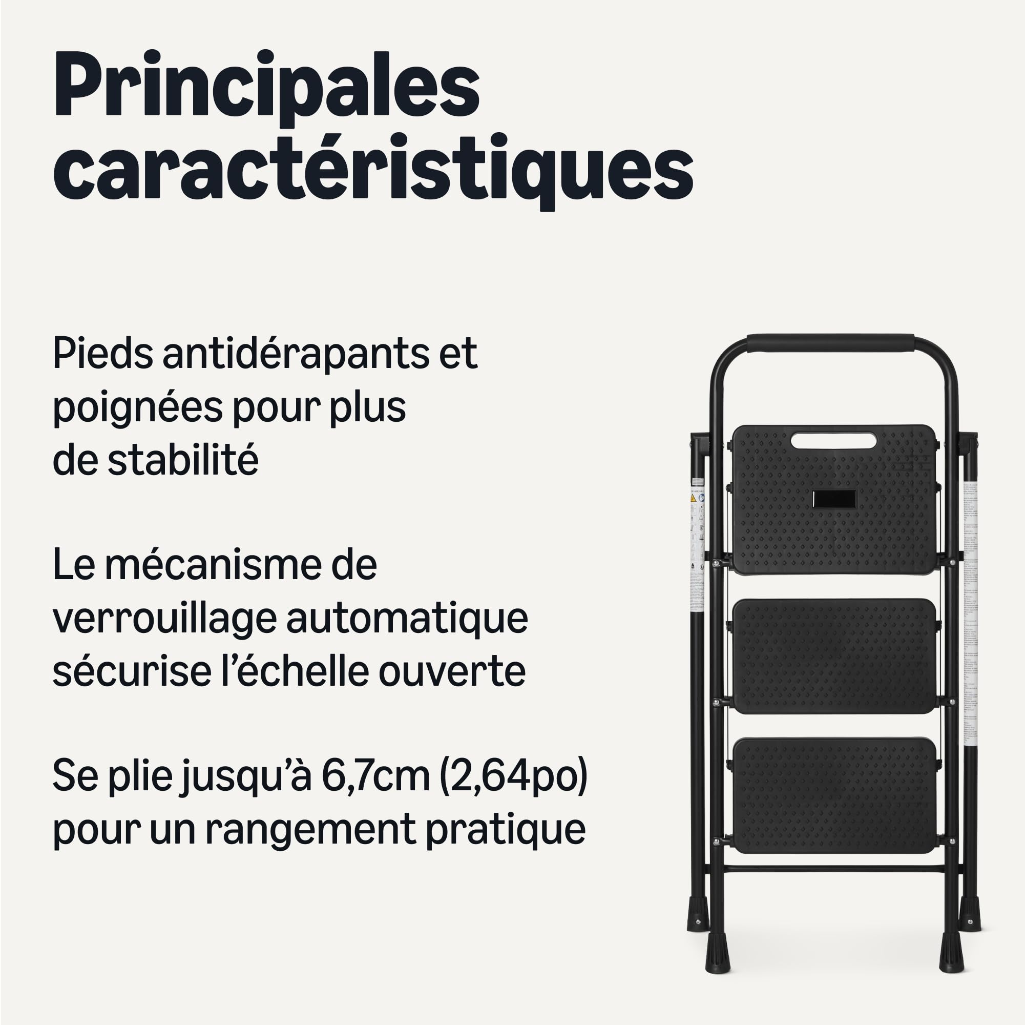 Amazon Basics Escabeau Pliant 3 Marches, Structure en Acier avec Pieds Antidérapants, Capacité de Charge Maximale 150kg, Hauteur 100,8 cm (Ouvert), Noir