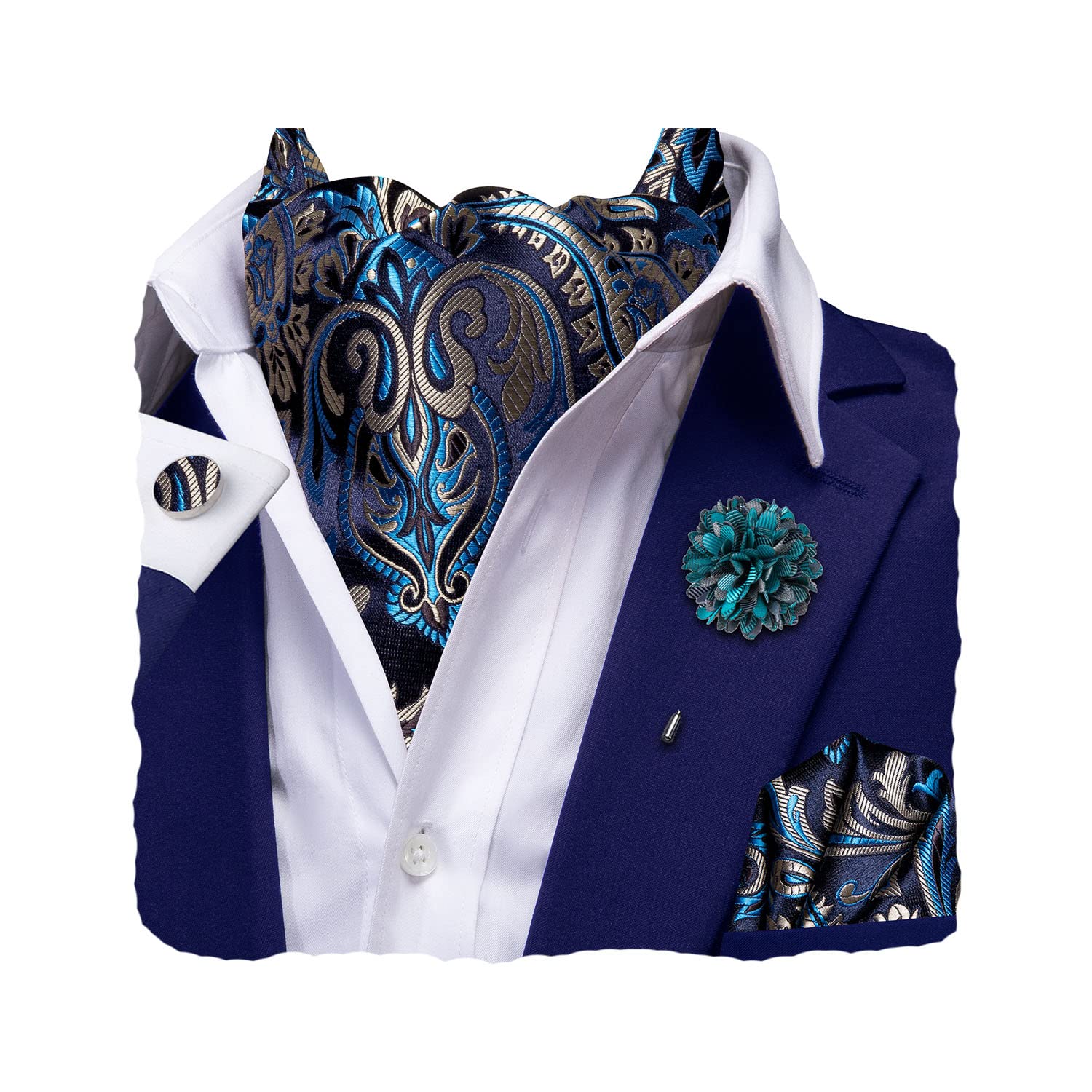 Hi-Tie Silk Ascot for Men Self Tie Men's Cravat and Flower Lapel Pin Handkerchief Cufflinks Set for Wedding Party