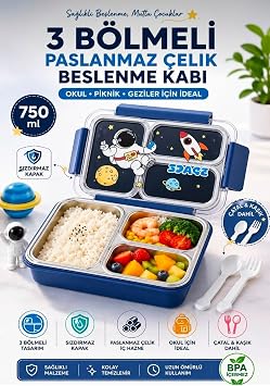 Paslanmaz Çelik Lunch Box Sevimli Çocuk Beslenme Kabı Yemek Kabı 3 Bölmeli Isı Yalıtımlı Beslenme Kutusu