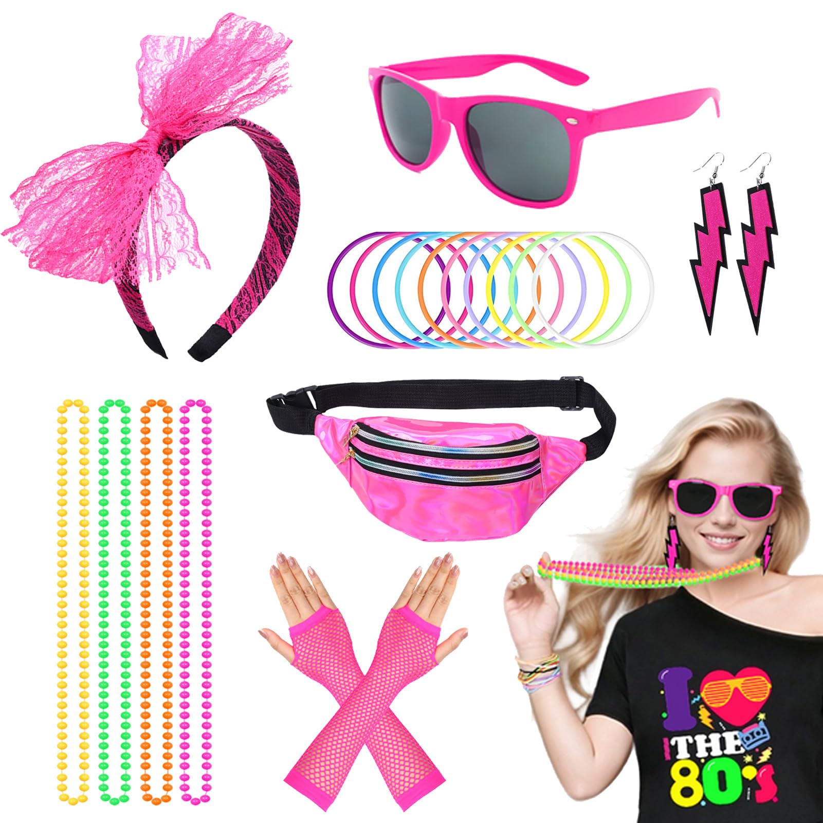 Aleshime 80s Costume Accessories Set for Women Girls, 1980s Party Costume Accessories Bumbag Earrings Fishnet Gloves Necklace Glasses Bracelet Headband, Retro Outfit for 80s Party/Dress up Day (Pink)