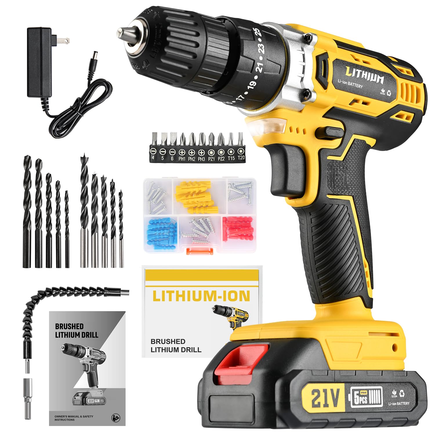 WEMARS 21V Cordless Drill Driver, 3/8 inch Chuck, Lithium-Ion Battery with Accessories Kit Electric Drills for Home (Yellow)