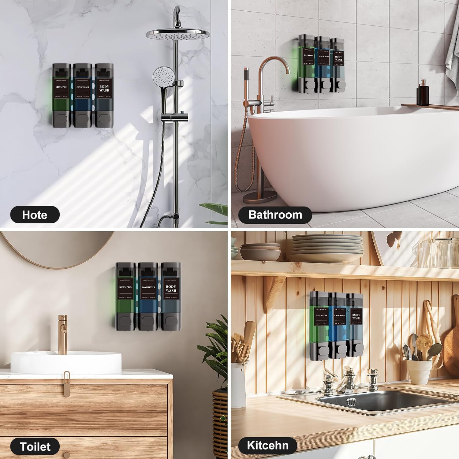 Shampoo and Conditioner Dispenser – Wall-Mounted Shower Soap Dispenser, No-Drill Installation, Lockable, 900 ml Capacity,for Bathroom & Hotel or Airbnb (Gun Gray, 3-Pack)